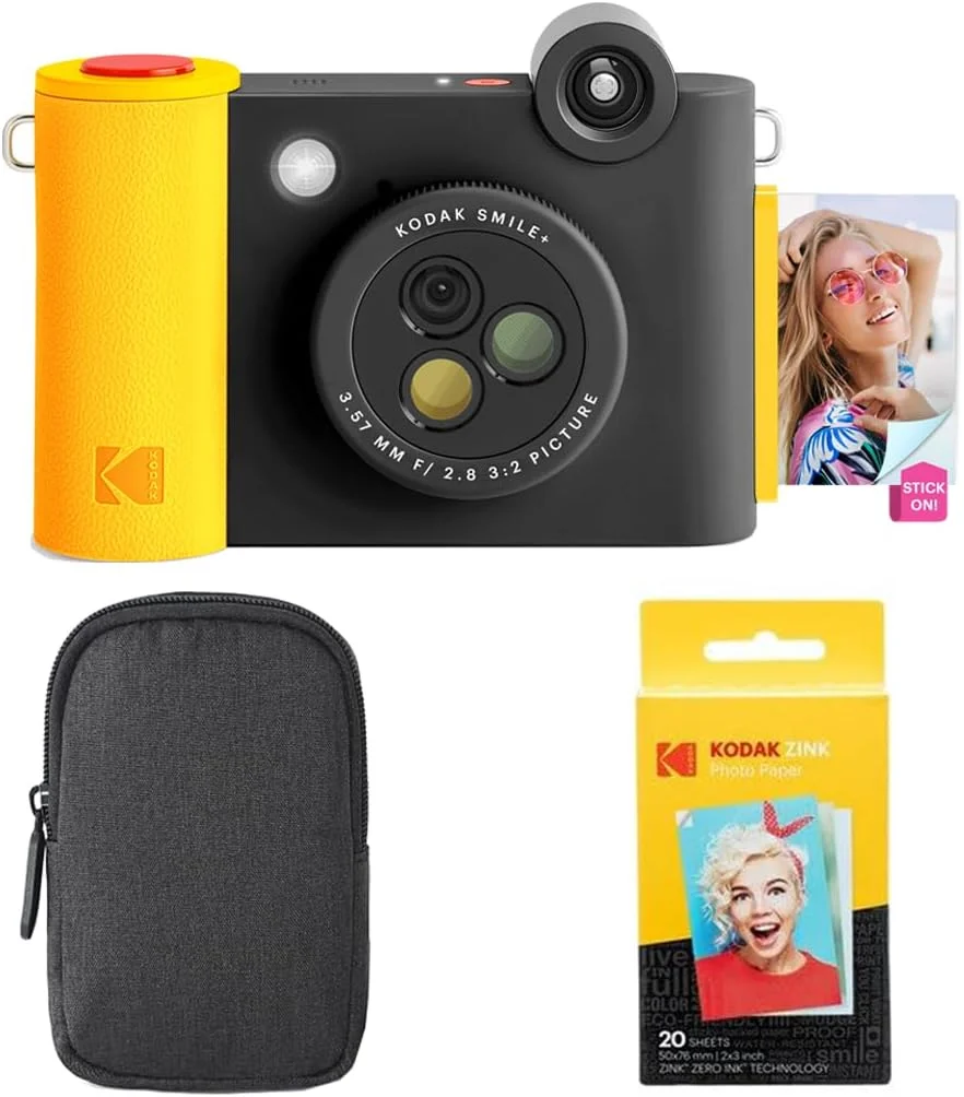 دوربین چاپ فوری دیجیتال و پرینتر عکس بلوتوث بی‌سیم KODAK Smile+ 2-in-1، بسته شروع به کار + کیف حمل + کاغذ عکس چسبی Zink 20 عددی - 10 مگاپیکسل، لنز چرخشی با جلوه‌های ویژه - مشکی
