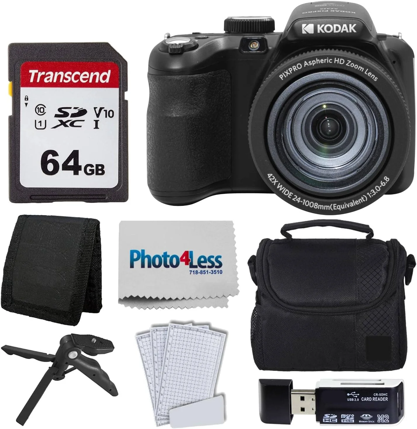 دوربین دیجیتال Kodak PIXPRO AZ425 + کارت حافظه 64 گیگابایتی + کیف دوربین (مشکی) + کارت خوان USB + سه پایه رومیزی + لوازم جانبی (مشکی)