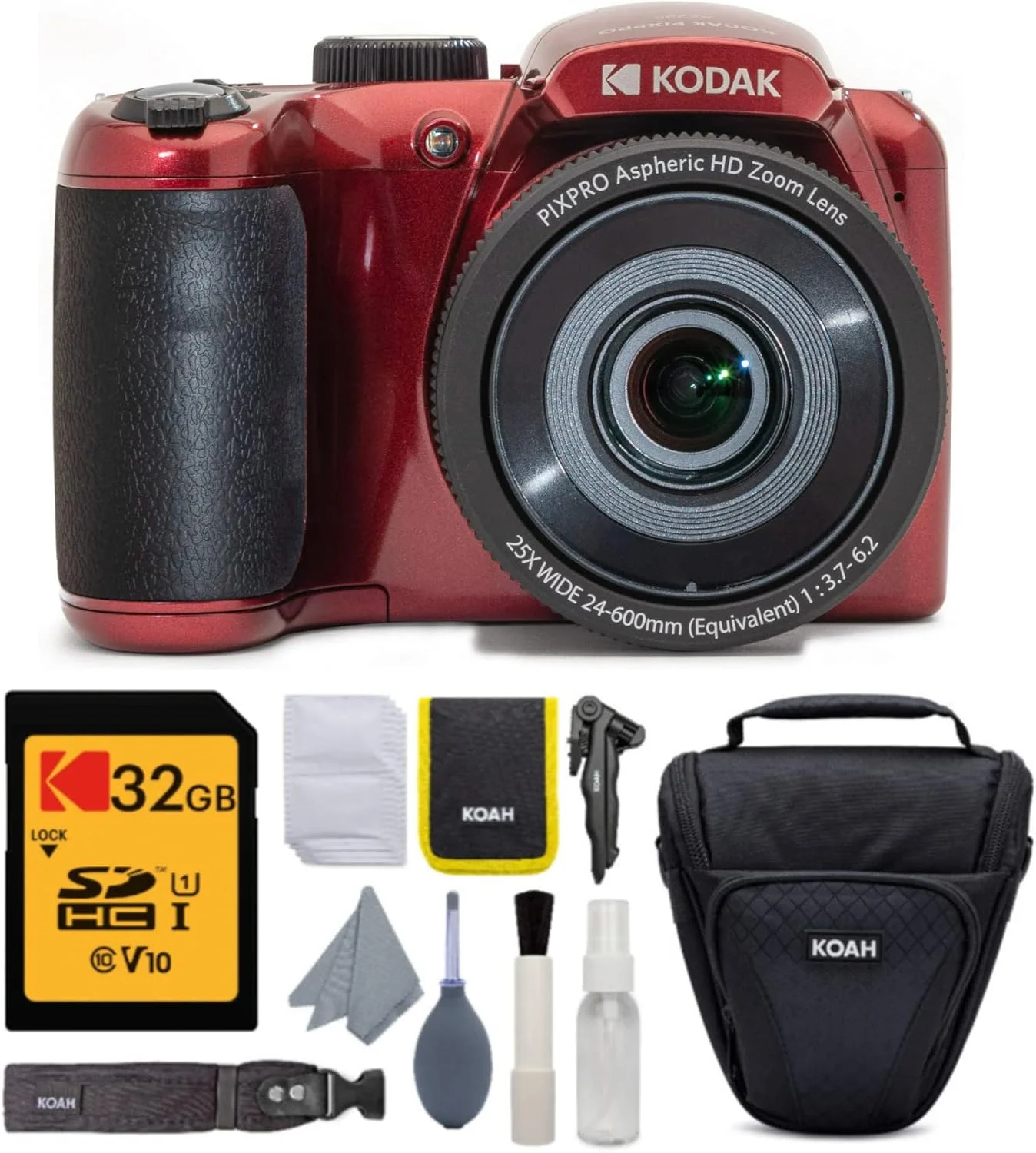دوربین دیجیتال 16 مگاپیکسلی Kodak PIXPRO AZ252 Astro Zoom (قرمز) به همراه کارت حافظه 16 گیگابایتی SD Kodak و کیف مسافرتی (3 قلم)