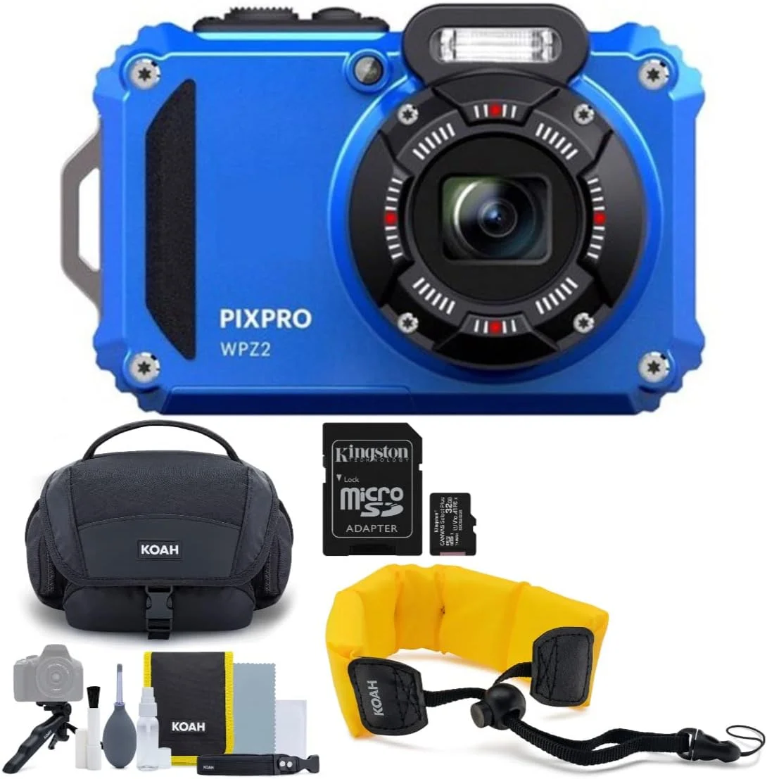 دوربین دیجیتال 16 مگاپیکسلی ضد آب و مقاوم Kodak PIXPRO WPZ2 با زوم اپتیکال 4 برابر (آبی) به همراه کیف لوازم جانبی Koah Nostrand، بند شناور دوربین (زرد) و کارت حافظه 32 گیگابایتی UHS-I microSDHC (4 قلم)