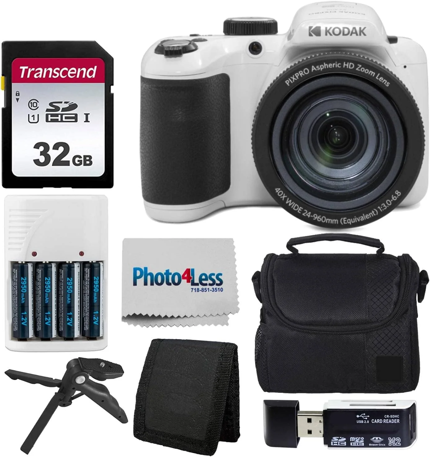 دوربین دیجیتال Kodak PIXPRO AZ405 (سفید) به همراه کارت حافظه SD 32 گیگابایتی + کیف + کیف کارت حافظه + باتری + لوازم جانبی (8 قطعه)