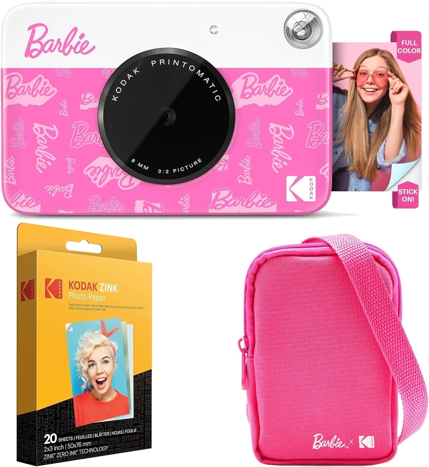دوربین چاپ فوری تمام رنگی دیجیتال Kodak x Barbie Printomatic، بسته شروع باربی (سبک امضا) + کیف دوربین لوکس باربی + کاغذ Zink (20 برگ)