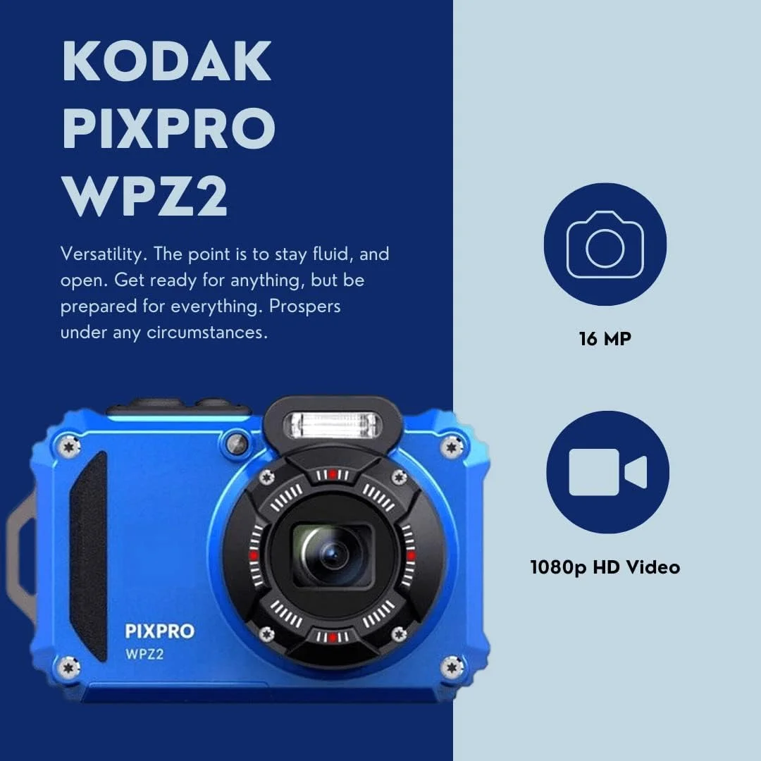 دوربین دیجیتال 16 مگاپیکسلی ضد آب و مقاوم Kodak PIXPRO WPZ2 با زوم اپتیکال 4 برابر (آبی) به همراه کیف لوازم جانبی Koah Nostrand، بند شناور دوربین (زرد) و کارت حافظه 32 گیگابایتی UHS-I microSDHC (4 قلم) دوربین دیجیتال 16 مگاپیکسلی ضد آب و مقاوم Kodak PIXPRO WPZ2 با زوم اپتیکال 4 برابر (آبی) به همراه کیف لوازم جانبی Koah Nostrand، بند شناور دوربین (زرد) و کارت حافظه 32 گیگابایتی UHS-I microSDHC (4 قلم)