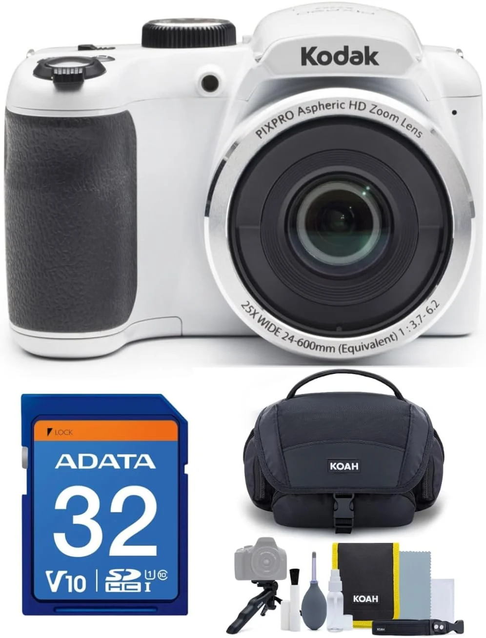 دوربین دیجیتال عکاسی و فیلمبرداری Kodak PIXPRO AZ252 با صفحه نمایش 3 اینچی LCD (سفید) به همراه کارت حافظه 16 گیگابایتی و کیف بزرگ دوربین SwissGear Sherpa