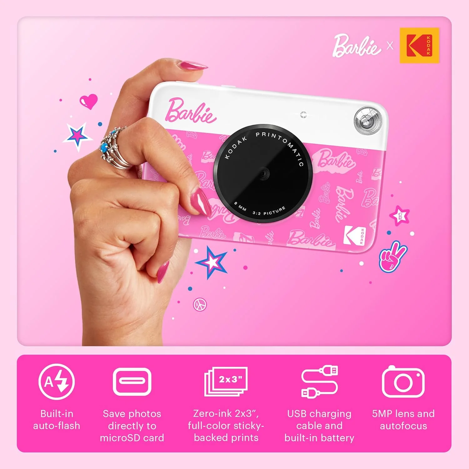 دوربین چاپ فوری تمام رنگی دیجیتال Kodak x Barbie Printomatic، بسته شروع باربی (سبک امضا) + کیف دوربین لوکس باربی + کاغذ Zink (20 برگ) دوربین چاپ فوری تمام رنگی دیجیتال Kodak x Barbie Printomatic، بسته شروع باربی (سبک امضا) + کیف دوربین لوکس باربی + کاغذ Zink (20 برگ)