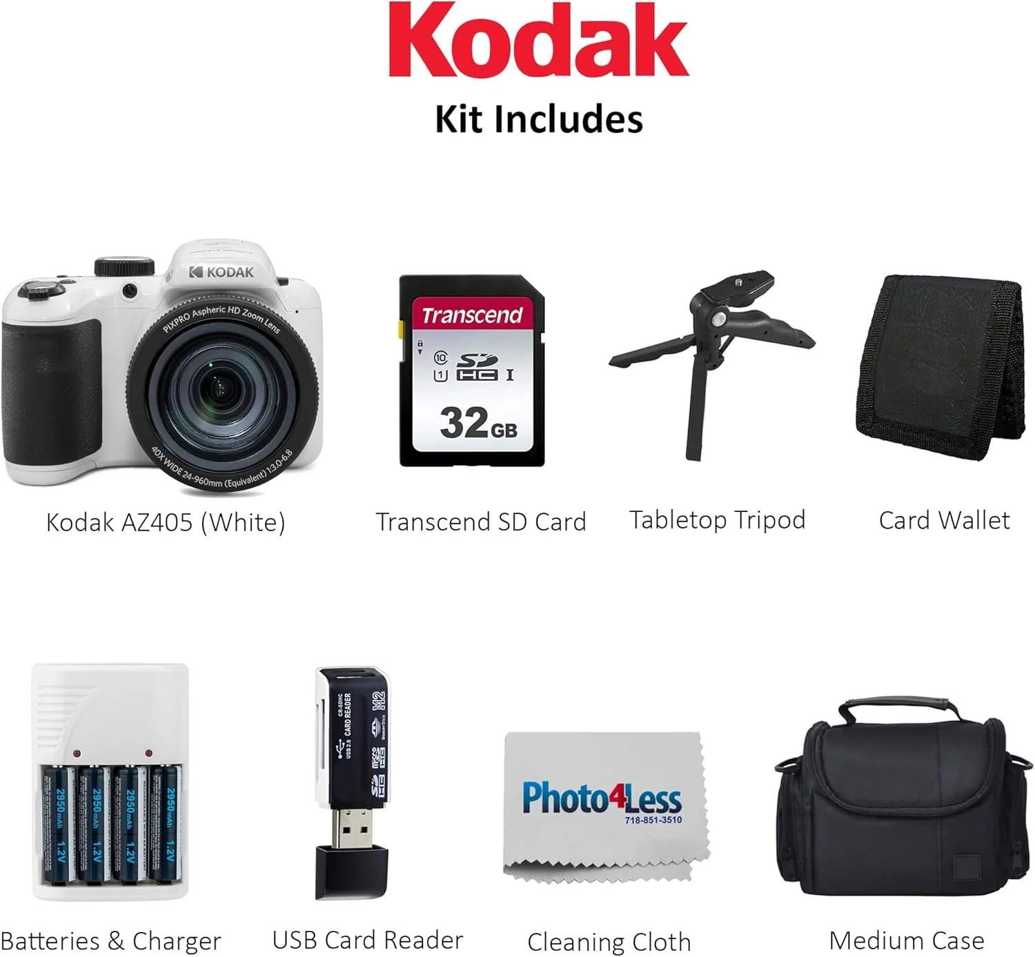 دوربین دیجیتال Kodak PIXPRO AZ405 (سفید) به همراه کارت حافظه SD 32 گیگابایتی + کیف + کیف کارت حافظه + باتری + لوازم جانبی (8 قطعه) دوربین دیجیتال Kodak PIXPRO AZ405 (سفید) به همراه کارت حافظه SD 32 گیگابایتی + کیف + کیف کارت حافظه + باتری + لوازم جانبی (8 قطعه)