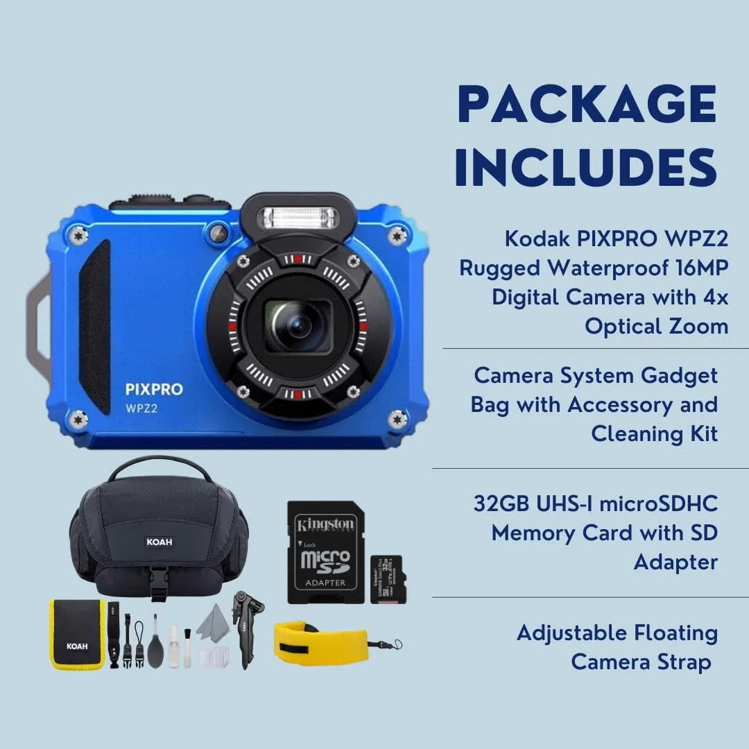 دوربین دیجیتال 16 مگاپیکسلی ضد آب و مقاوم Kodak PIXPRO WPZ2 با زوم اپتیکال 4 برابر (آبی) به همراه کیف لوازم جانبی Koah Nostrand، بند شناور دوربین (زرد) و کارت حافظه 32 گیگابایتی UHS-I microSDHC (4 قلم) دوربین دیجیتال 16 مگاپیکسلی ضد آب و مقاوم Kodak PIXPRO WPZ2 با زوم اپتیکال 4 برابر (آبی) به همراه کیف لوازم جانبی Koah Nostrand، بند شناور دوربین (زرد) و کارت حافظه 32 گیگابایتی UHS-I microSDHC (4 قلم)