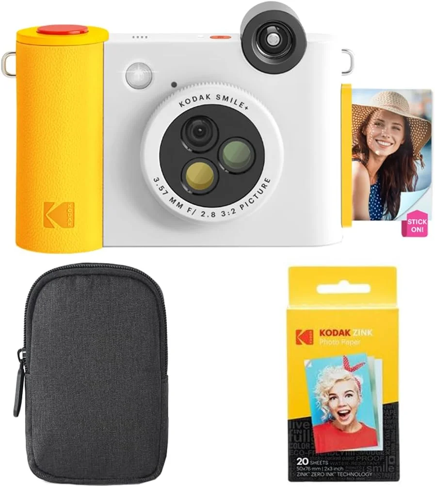 بسته شروع دوربین چاپ فوری دیجیتال 2 در 1 و چاپگر عکس بلوتوث بی سیم KODAK Smile+ به همراه کیف حمل + کاغذ عکس چسبی Zink 20 عددی - 10 مگاپیکسل، لنز چرخشی با جلوه ویژه - سفید