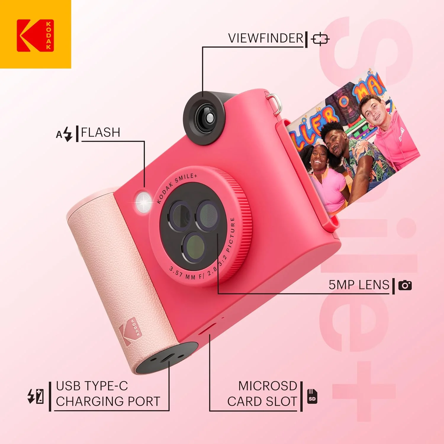 بسته آغازین دوربین چاپ فوری دیجیتال 2 در 1 و پرینتر عکس بلوتوث بیسیم KODAK Smile+ به همراه کیف نرم + کاغذ عکس چسبی Zink 20 عددی - 10 مگاپیکسل، لنز چرخان با جلوههای ویژه - سرخابی بسته آغازین دوربین چاپ فوری دیجیتال 2 در 1 و پرینتر عکس بلوتوث بیسیم KODAK Smile+ به همراه کیف نرم + کاغذ عکس چسبی Zink 20 عددی - 10 مگاپیکسل، لنز چرخان با جلوههای ویژه - سرخابی