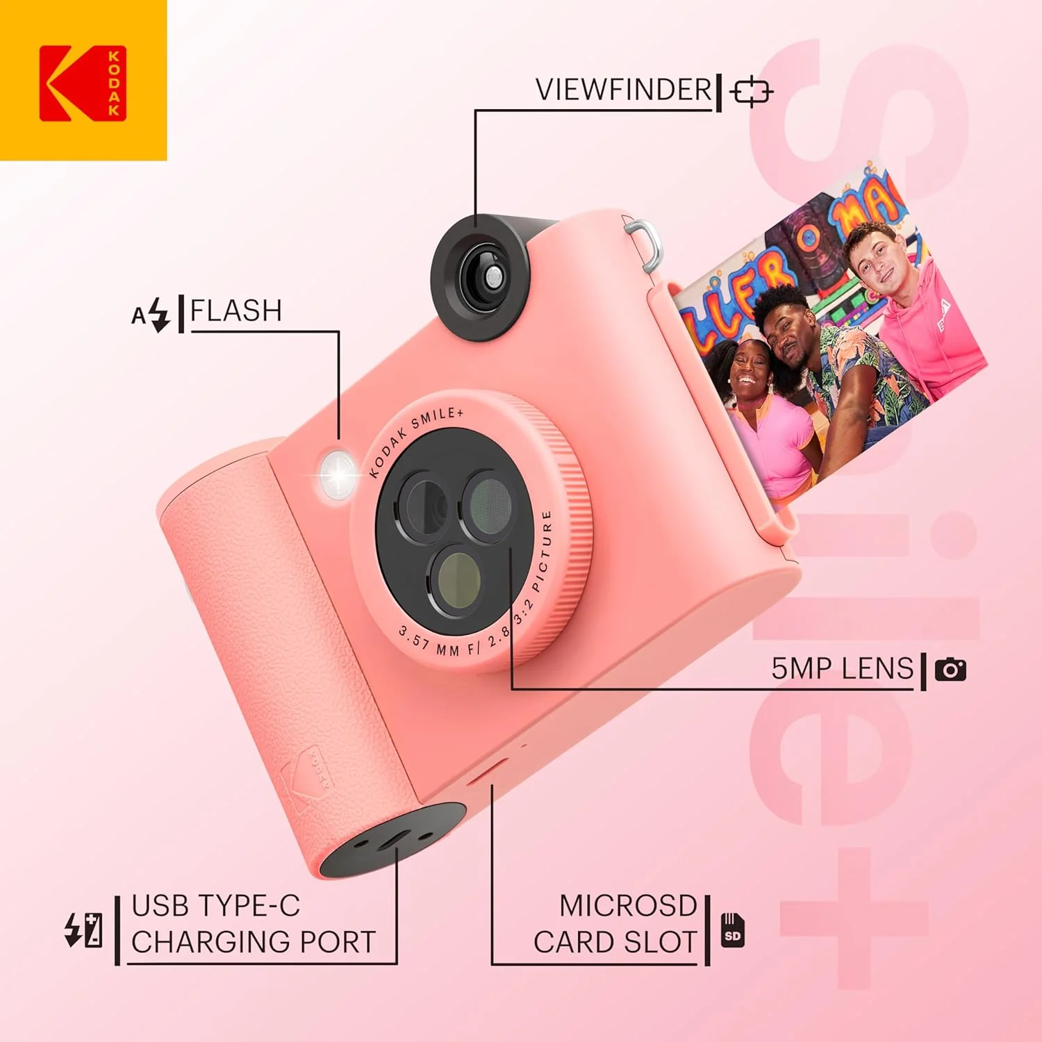 بسته آغازین دوربین چاپ فوری دیجیتال و چاپگر عکس بلوتوث بیسیم KODAK Smile+ 2-در-1 + کیف نرم + کاغذ عکس چسبی Zink 20 عددی - 10 مگاپیکسل، لنز چرخشی با جلوههای ویژه - صورتی بسته آغازین دوربین چاپ فوری دیجیتال و چاپگر عکس بلوتوث بیسیم KODAK Smile+ 2-در-1 + کیف نرم + کاغذ عکس چسبی Zink 20 عددی - 10 مگاپیکسل، لنز چرخشی با جلوههای ویژه - صورتی