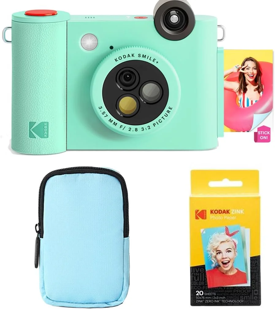 دوربین چاپ فوری دیجیتال و پرینتر عکس بلوتوث بی‌سیم KODAK Smile+ 2-in-1، بسته شروع + کیف لوکس + کاغذ عکس چسبی Zink 20 عددی - 10 مگاپیکسل، لنز چرخان با جلوه‌های ویژه - سبز