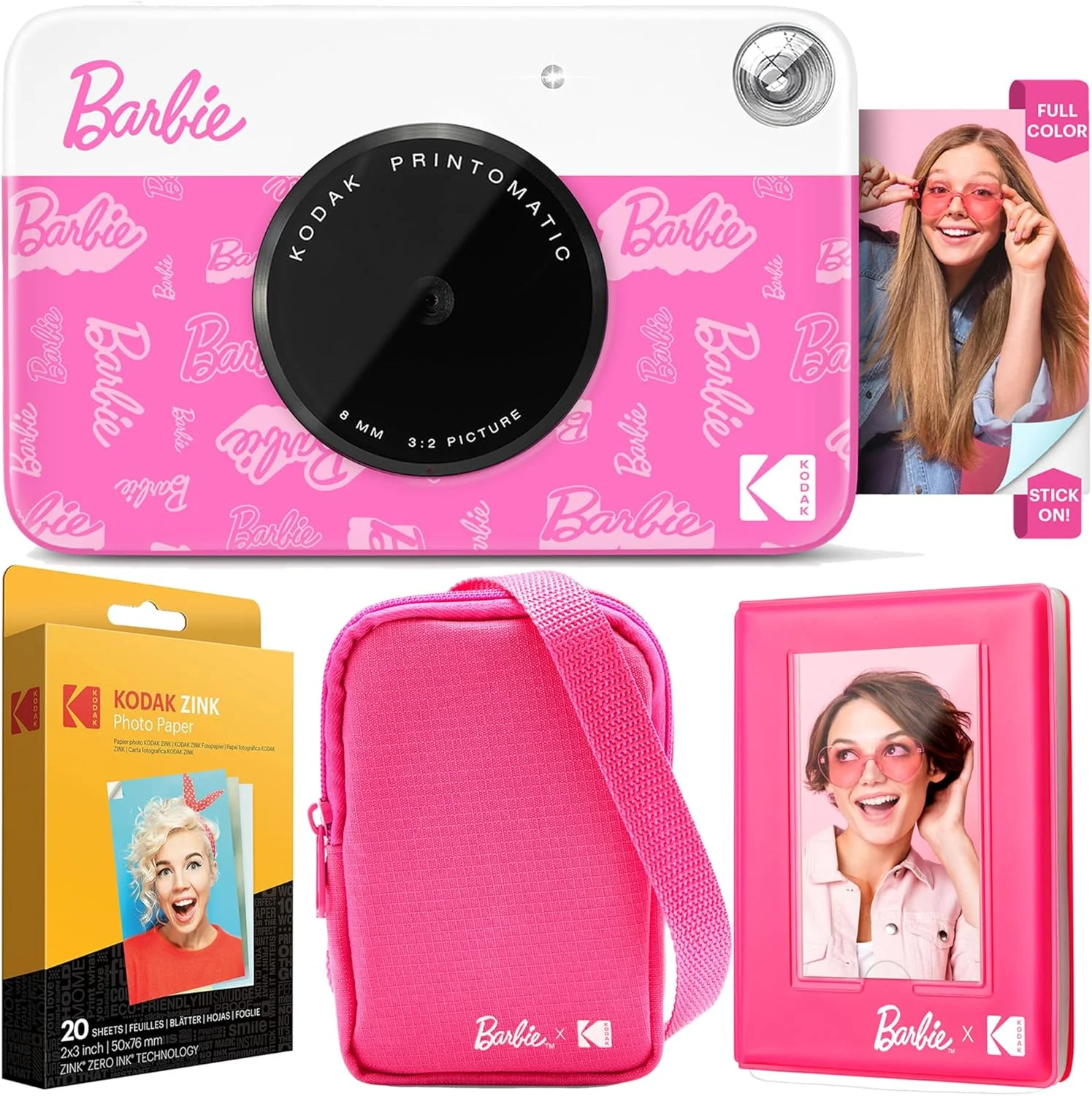 دوربین دیجیتال چاپ فوری تمام رنگی Kodak x Barbie Printomatic همراه با بسته نرم افزاری Barbie Deluxe (سبک امضا) + کیف دوربین Barbie Deluxe + آلبوم عکس Barbie + کاغذ Zink (20 برگ)