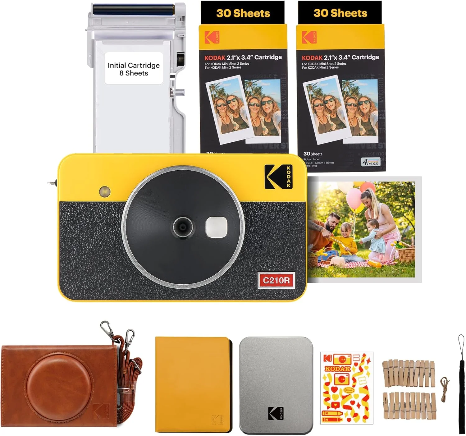 دوربین دیجیتال فوری و چاپگر عکس 2 در 1 KODAK Mini Shot 2 Retro 4PASS (2.1x3.4) به همراه 8 شیت اولیه + بسته هدیه 60 شیت، زرد
