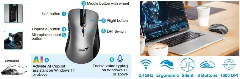 موس ارگونومیک بی سیم Genius Ergo 8100S با عملکرد هوش مصنوعی و دکمه های بی صدا موس ارگونومیک بی سیم Genius Ergo 8100S با عملکرد هوش مصنوعی و دکمه های بی صدا