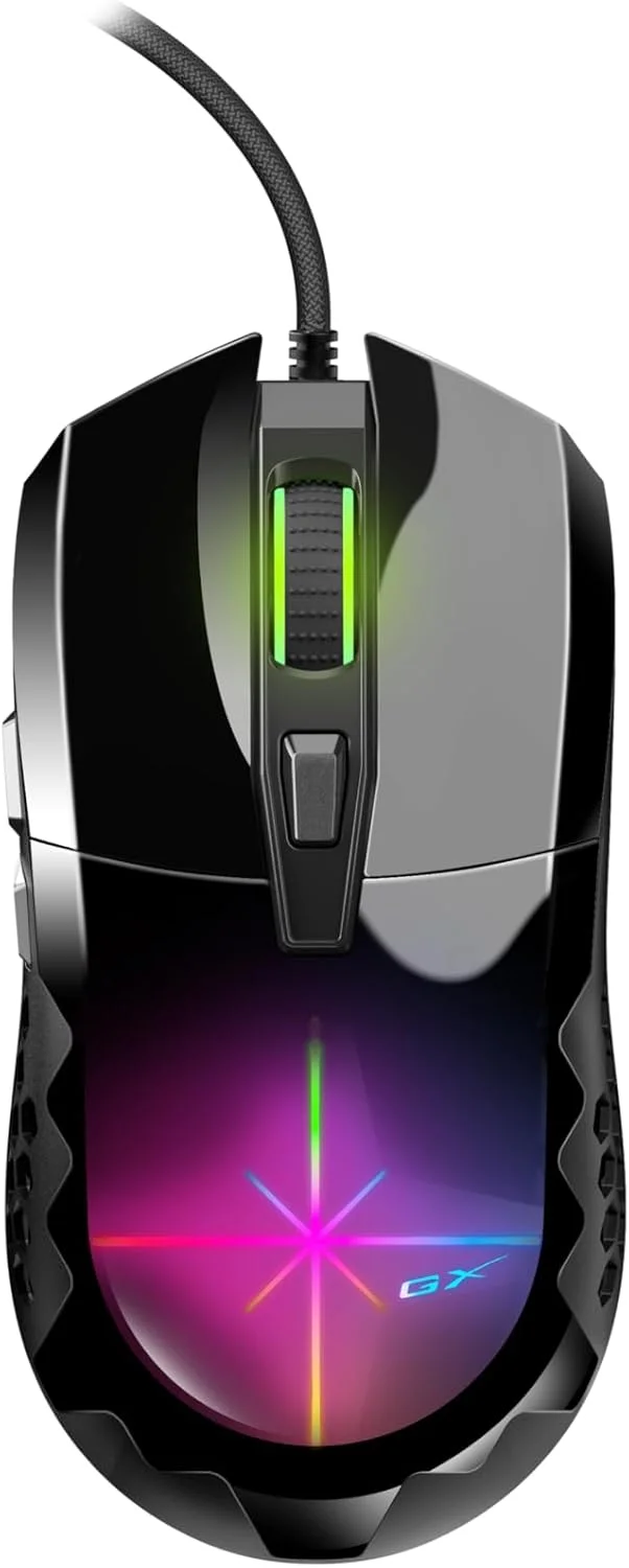 موس گیمینگ Genius مدل Scorpion M715، مشکی USB، 7200 DPI، دارای 6 دکمه قابل برنامه ریزی و حافظه داخلی، نورپردازی RGB تنفسی - سازگار با لپ تاپ و کامپیوتر