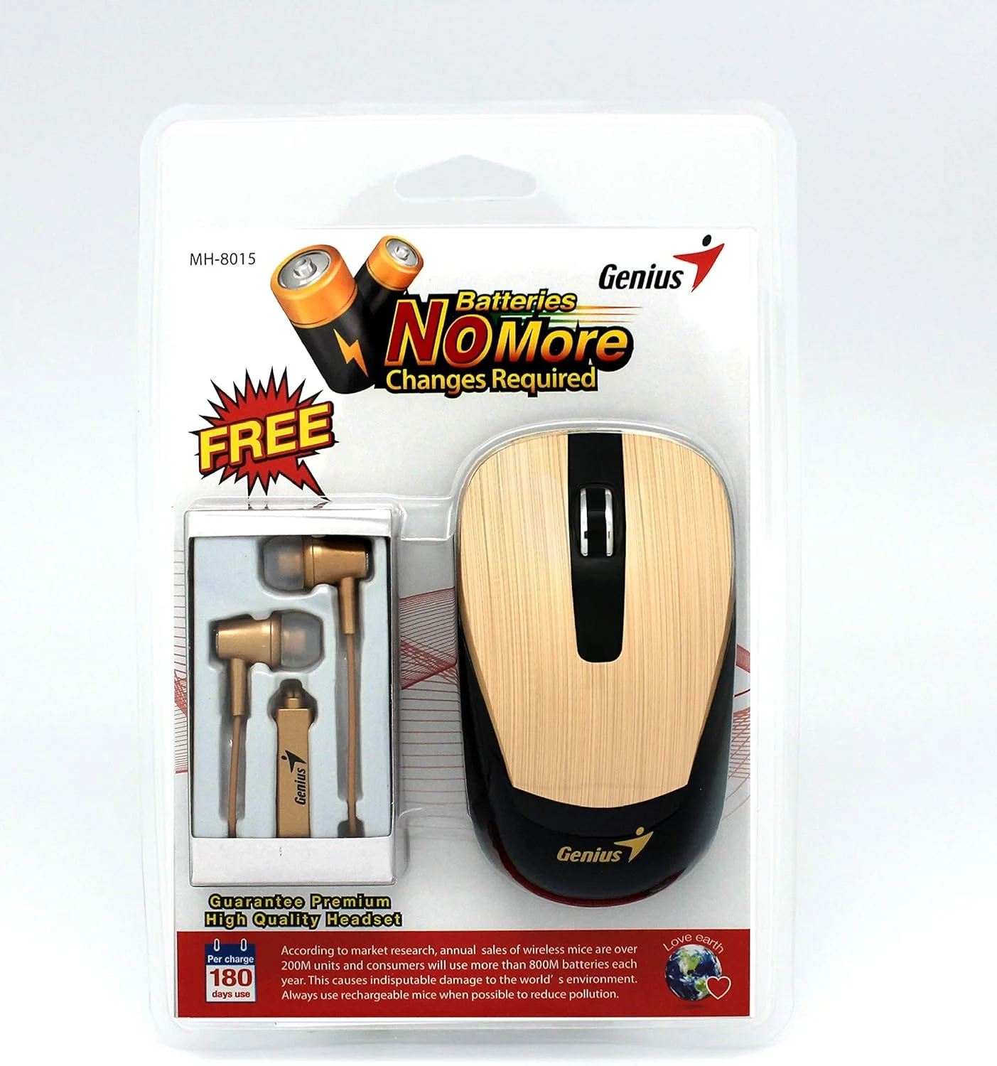 مجموعه ماوس Genius با هدست Mh-8015 Smart Eco Hairline Metallic قابل شارژ با برنامه هوشمند Genius، طلایی