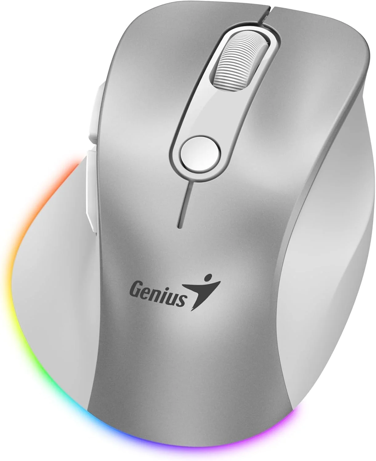 موس ارگونومیک بی سیم قابل شارژ GENIUS Ergo 9000S Pro نقره ای، بلوتوثی، مینی، بی صدا، حالت دوگانه: اتصال بلوتوث و 2.4 گیگاهرتز به حداکثر سه دستگاه، نور پس زمینه RGB - 7 رنگ