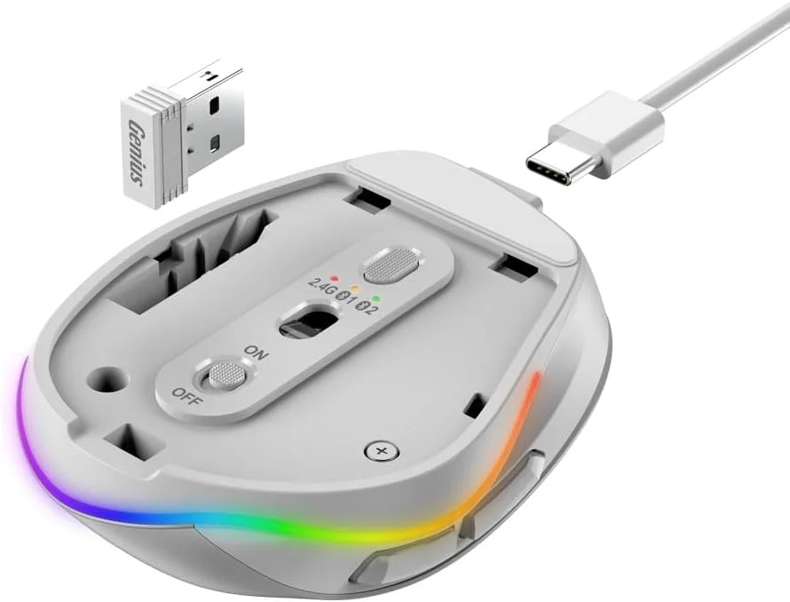 موس ارگونومیک بی سیم قابل شارژ GENIUS Ergo 9000S Pro نقره ای، بلوتوثی، مینی، بی صدا، حالت دوگانه: اتصال بلوتوث و 2.4 گیگاهرتز به حداکثر سه دستگاه، نور پس زمینه RGB - 7 رنگ موس ارگونومیک بی سیم قابل شارژ GENIUS Ergo 9000S Pro نقره ای، بلوتوثی، مینی، بی صدا، حالت دوگانه: اتصال بلوتوث و 2.4 گیگاهرتز به حداکثر سه دستگاه، نور پس زمینه RGB - 7 رنگ