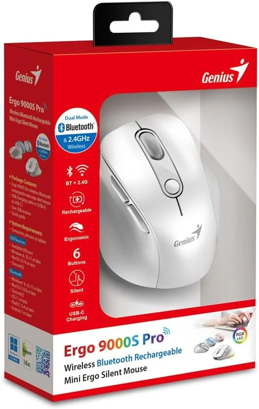 موس ارگونومیک بی سیم قابل شارژ GENIUS Ergo 9000S Pro نقره ای، بلوتوثی، مینی، بی صدا، حالت دوگانه: اتصال بلوتوث و 2.4 گیگاهرتز به حداکثر سه دستگاه، نور پس زمینه RGB - 7 رنگ موس ارگونومیک بی سیم قابل شارژ GENIUS Ergo 9000S Pro نقره ای، بلوتوثی، مینی، بی صدا، حالت دوگانه: اتصال بلوتوث و 2.4 گیگاهرتز به حداکثر سه دستگاه، نور پس زمینه RGB - 7 رنگ