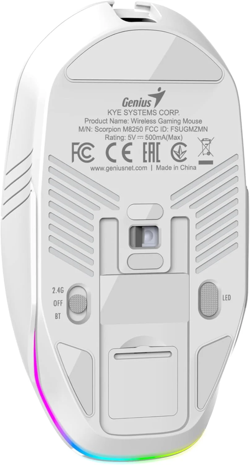 موس گیمینگ بی سیم قابل شارژ Genius Scorpion M8250، 3200 DPI، بلوتوث/2.4G، LED 7 رنگ، 8 حالت نور پس زمینه، 6 دکمه، DPI قابل تنظیم با دستیار هوش مصنوعی، سفید موس گیمینگ بی سیم قابل شارژ Genius Scorpion M8250، 3200 DPI، بلوتوث/2.4G، LED 7 رنگ، 8 حالت نور پس زمینه، 6 دکمه، DPI قابل تنظیم با دستیار هوش مصنوعی، سفید