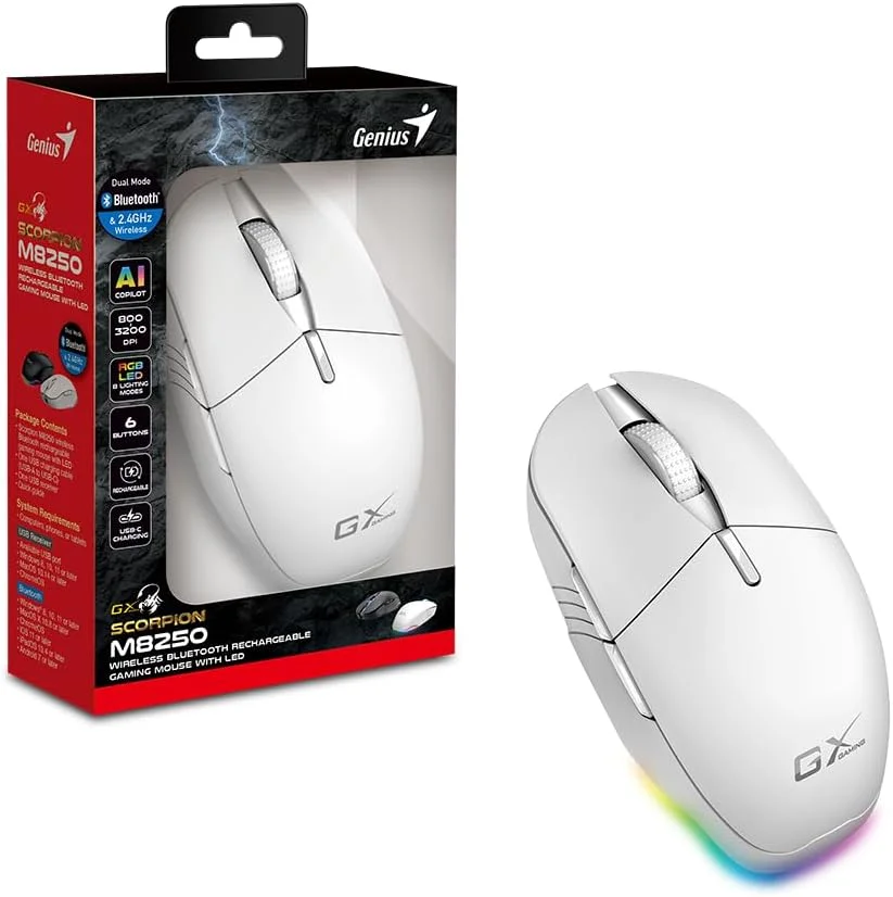 موس گیمینگ بی سیم قابل شارژ Genius Scorpion M8250، 3200 DPI، بلوتوث/2.4G، LED 7 رنگ، 8 حالت نور پس زمینه، 6 دکمه، DPI قابل تنظیم با دستیار هوش مصنوعی، سفید موس گیمینگ بی سیم قابل شارژ Genius Scorpion M8250، 3200 DPI، بلوتوث/2.4G، LED 7 رنگ، 8 حالت نور پس زمینه، 6 دکمه، DPI قابل تنظیم با دستیار هوش مصنوعی، سفید