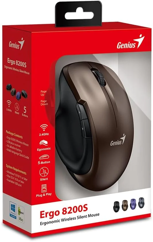 موس بی سیم ارگونومیک Genius Ergo 8200S، طراحی ارگونومیک، کلیک بی صدا، قهوه ای (شکلاتی) موس بی سیم ارگونومیک Genius Ergo 8200S، طراحی ارگونومیک، کلیک بی صدا، قهوه ای (شکلاتی)