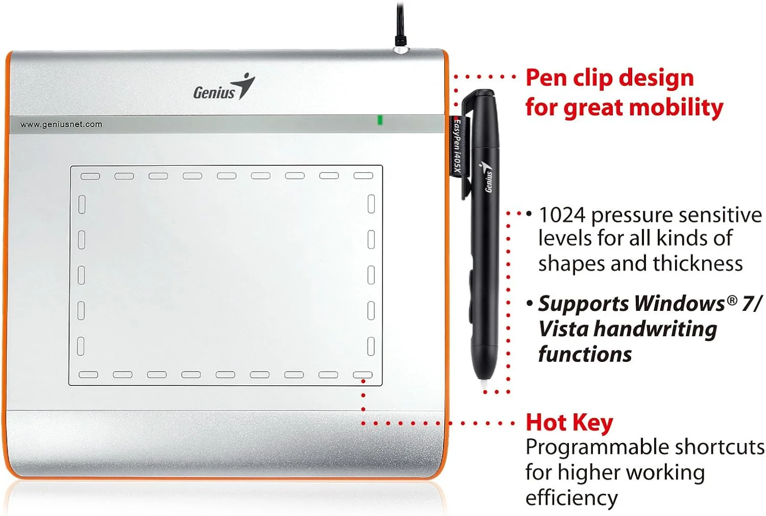 قلم نوری GENIUS EasyPen i405x USB با محدوده کاری 4x5 اینچ، قلم حساس به فشار بی سیم با 1024 سطح و 28 ناحیه قابل برنامه ریزی قلم نوری GENIUS EasyPen i405x USB با محدوده کاری 4x5 اینچ، قلم حساس به فشار بی سیم با 1024 سطح و 28 ناحیه قابل برنامه ریزی