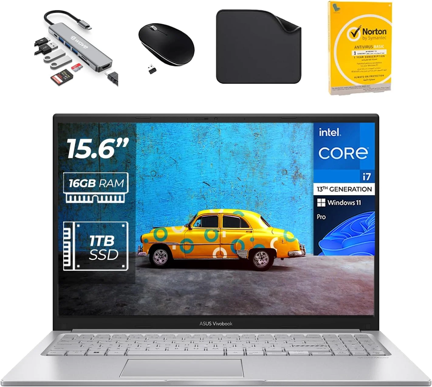 لپ تاپ تجاری ایسوس Vivobook 15 X1504VA، صفحه نمایش 15.6 اینچی FHD، پردازنده نسل سیزدهم Intel Core i7-1355U، رم 16 گیگابایتی، SSD 1 ترابایتی، ویندوز 11 پرو، نقره ای خنک - شامل هاب 7 در 1 First Wave، ماوس، ماوس پد و آنتی ویروس