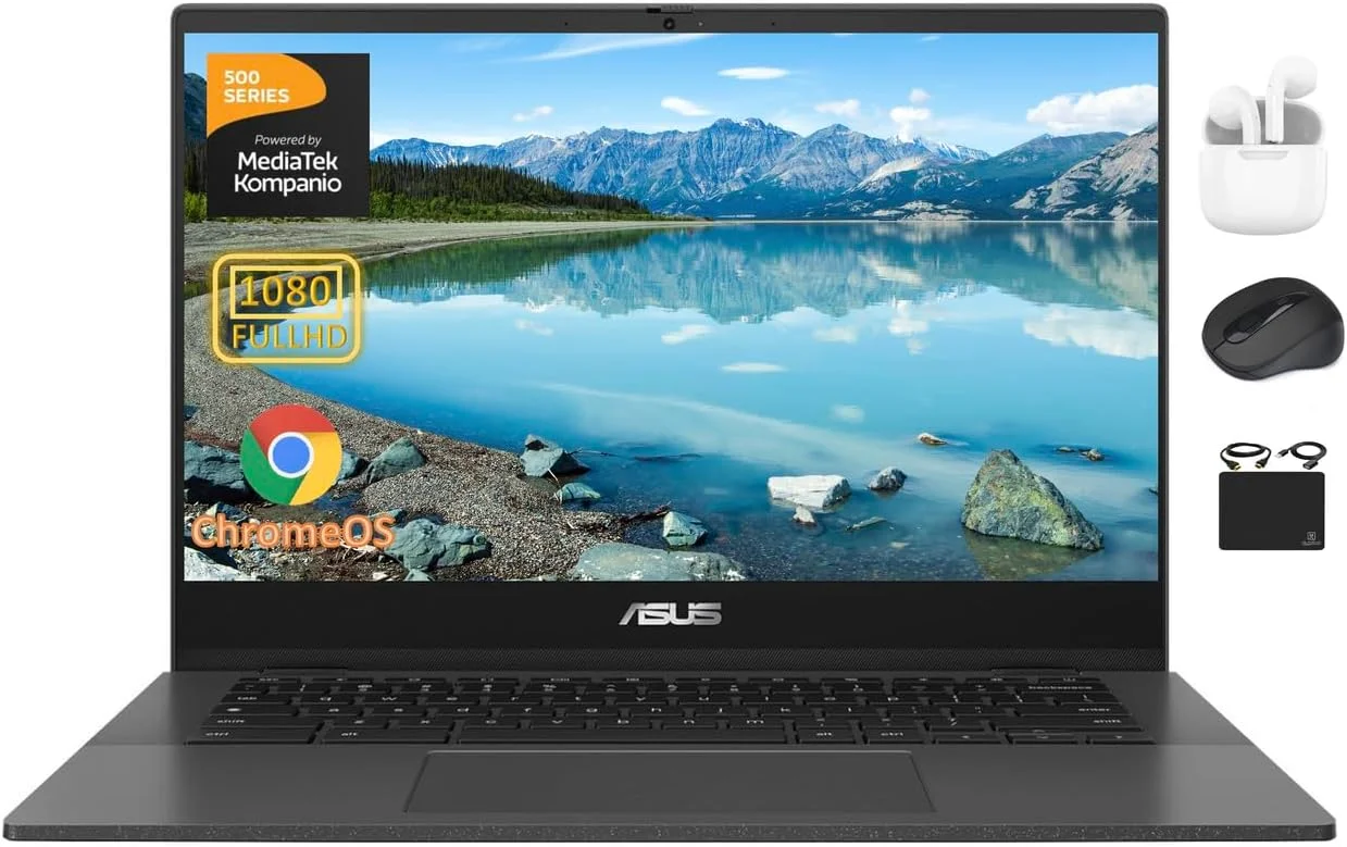 لپ تاپ ASUS Chromebook مدل Student Business 2024، صفحه نمایش 14 اینچی FHD ضد تابش نور، پردازنده 8 هسته ای MediaTek Kompanio 520، رم 4 گیگابایتی، 128 گیگابایت (64 گیگابایت eMMC + 64 گیگابایت کارت)، وب کم، WiFi، باتری با عمر بیش از 15 ساعت، سیستم عامل Chrome + لوازم جانبی Hubxcel
