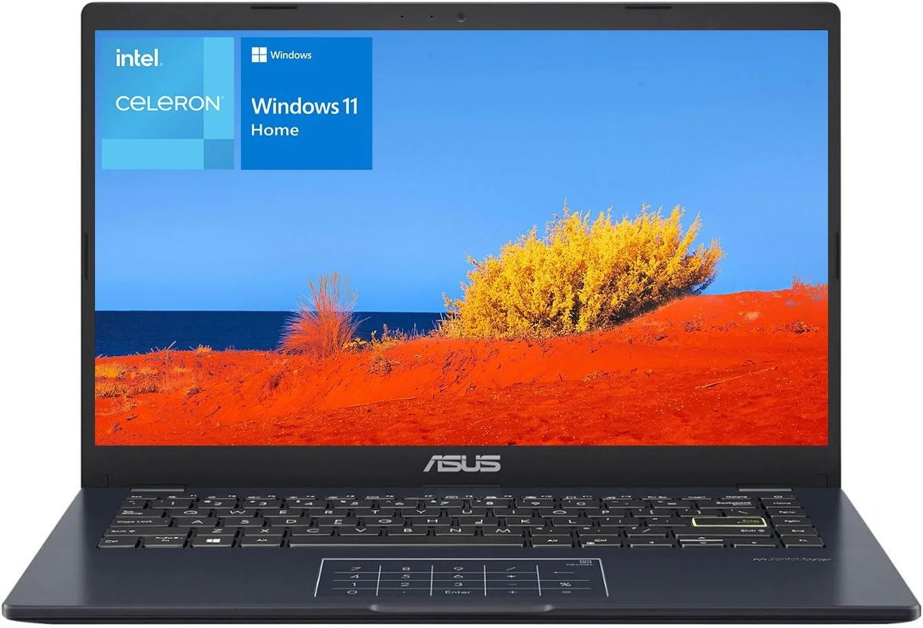لپ تاپ 14 اینچی ایسوس، نمایشگر 14 اینچی FHD، پردازنده Intel Celeron N4500، حافظه 4 گیگابایتی، 64 گیگابایت eMMC، تاچ پد، وب کم، HDMI، Wi-Fi، ویندوز 11 هوم، آبی آرام