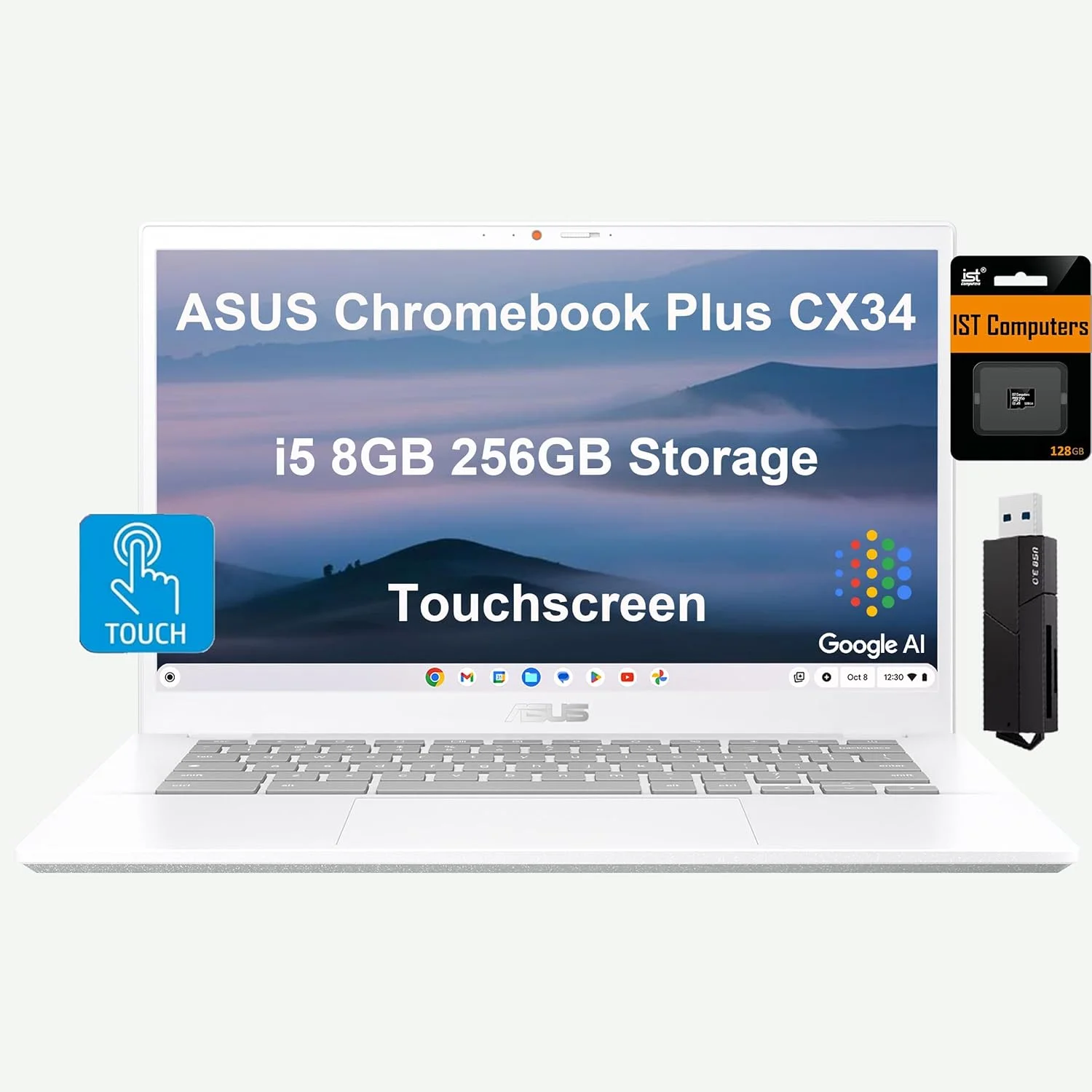 لپ تاپ ASUS Chromebook Plus CX34 (صفحه نمایش لمسی 14 اینچی FHD، پردازنده Intel 10 هسته ای i5-1335U، رم 8 گیگابایتی، حافظه 256 گیگابایتی (128 گیگابایت UFS + کارت SD 128 گیگابایتی IST)، وب کم FHD، Wi-Fi 6E، کارت خوان SD، سیستم عامل Chrome، همراه با هوش مصنوعی گوگل)