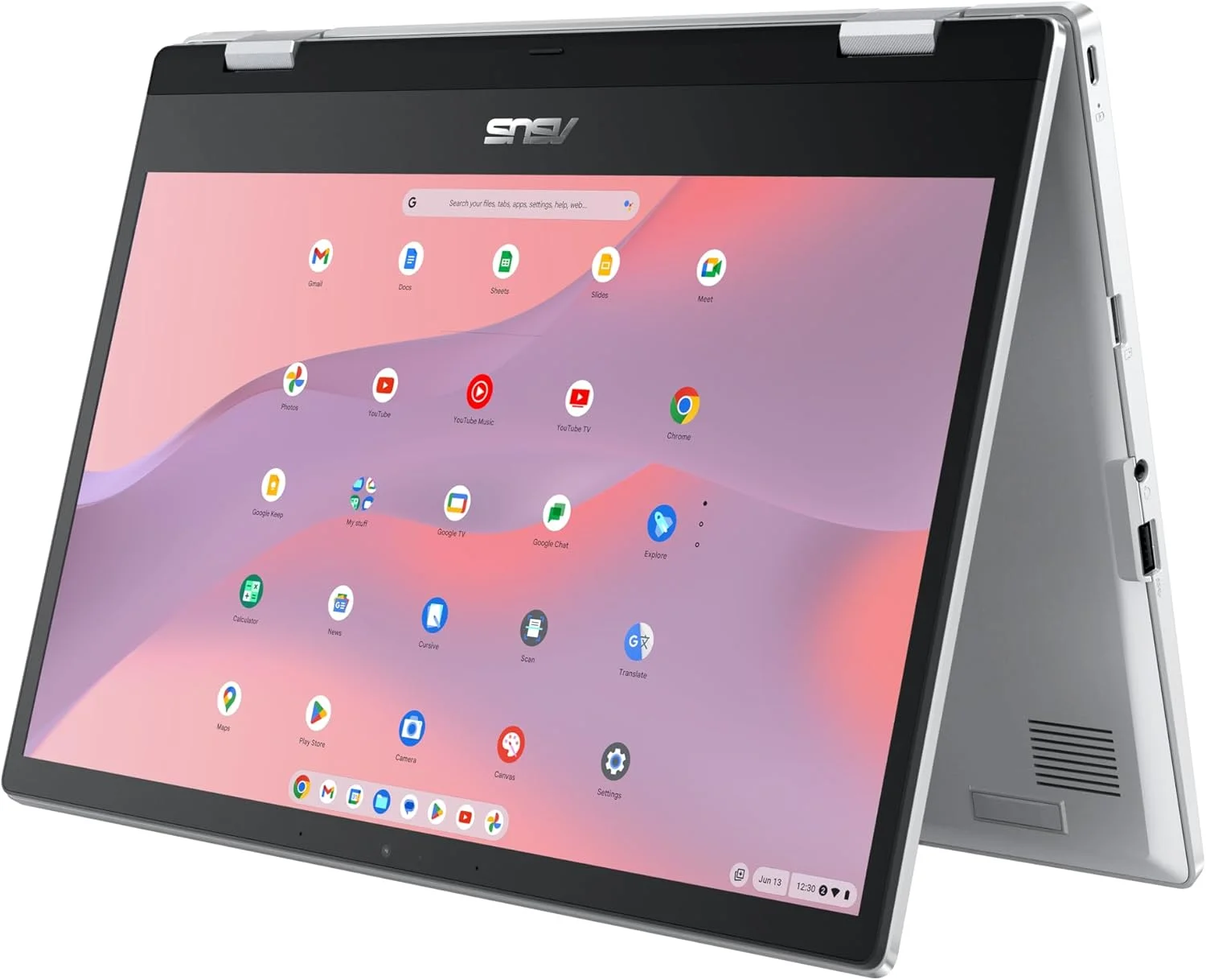 لپ تاپ تبدیل شونده ASUS Chromebook Flip CX1، صفحه نمایش لمسی 14 اینچی FHD NanoEdge 360 درجه، پردازنده Intel Celeron N4500، حافظه 128 گیگابایتی eMMC، رم 8 گیگابایتی، ChromeOS، نقره ای شفاف، CX1400FKA-AS88FT