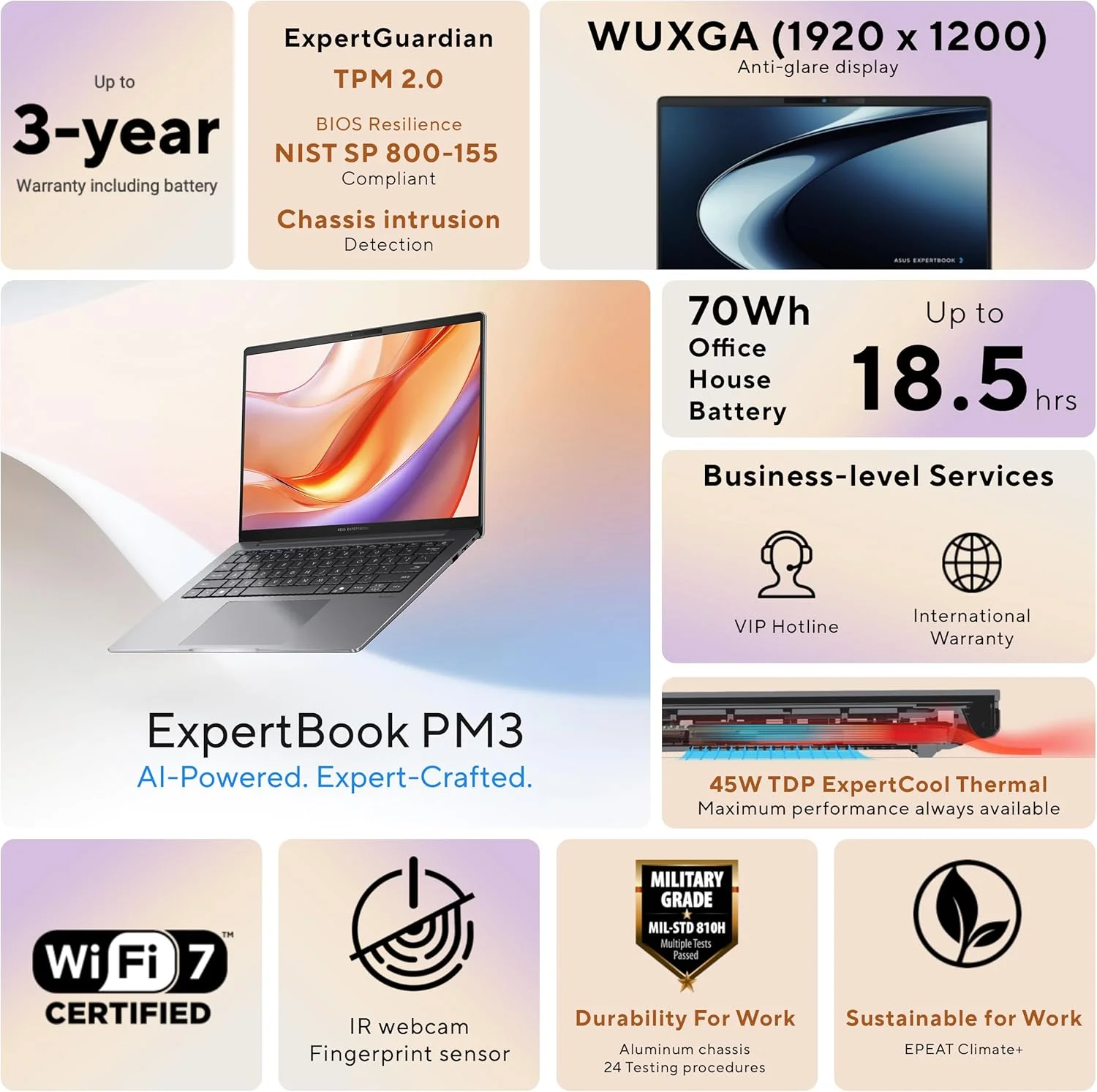 لپ تاپ تجاری 14 اینچی ASUS ExpertBook PM3، پردازنده AMD Ryzen AI7 350، رم 32 گیگابایتی، SSD 1 ترابایتی، WiFi 7، ویندوز 11 پرو، خاکستری مات، PM3406CKA-XS76