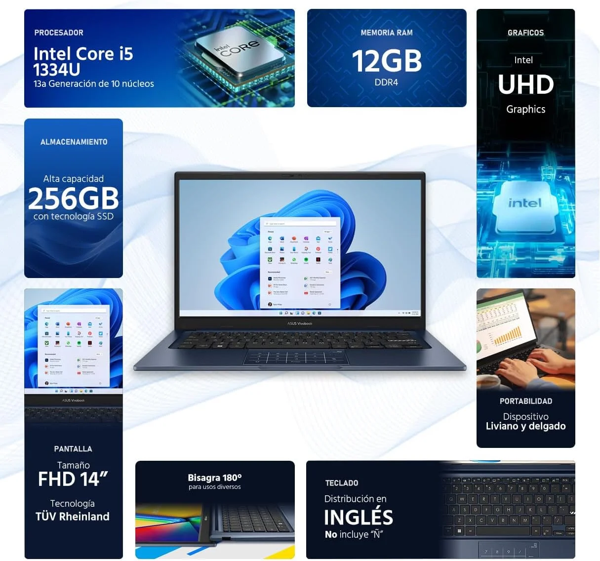 لپ تاپ باریک ASUS Vivobook 14 X1404ZA با صفحه نمایش 14 اینچی FHD، پردازنده Core i5-1334U، رم 12 گیگابایتی، SSD 256 گیگابایتی، گرافیک Intel Iris Xe، ویندوز 11 هوم، آبی لپ تاپ باریک ASUS Vivobook 14 X1404ZA با صفحه نمایش 14 اینچی FHD، پردازنده Core i5-1334U، رم 12 گیگابایتی، SSD 256 گیگابایتی، گرافیک Intel Iris Xe، ویندوز 11 هوم، آبی