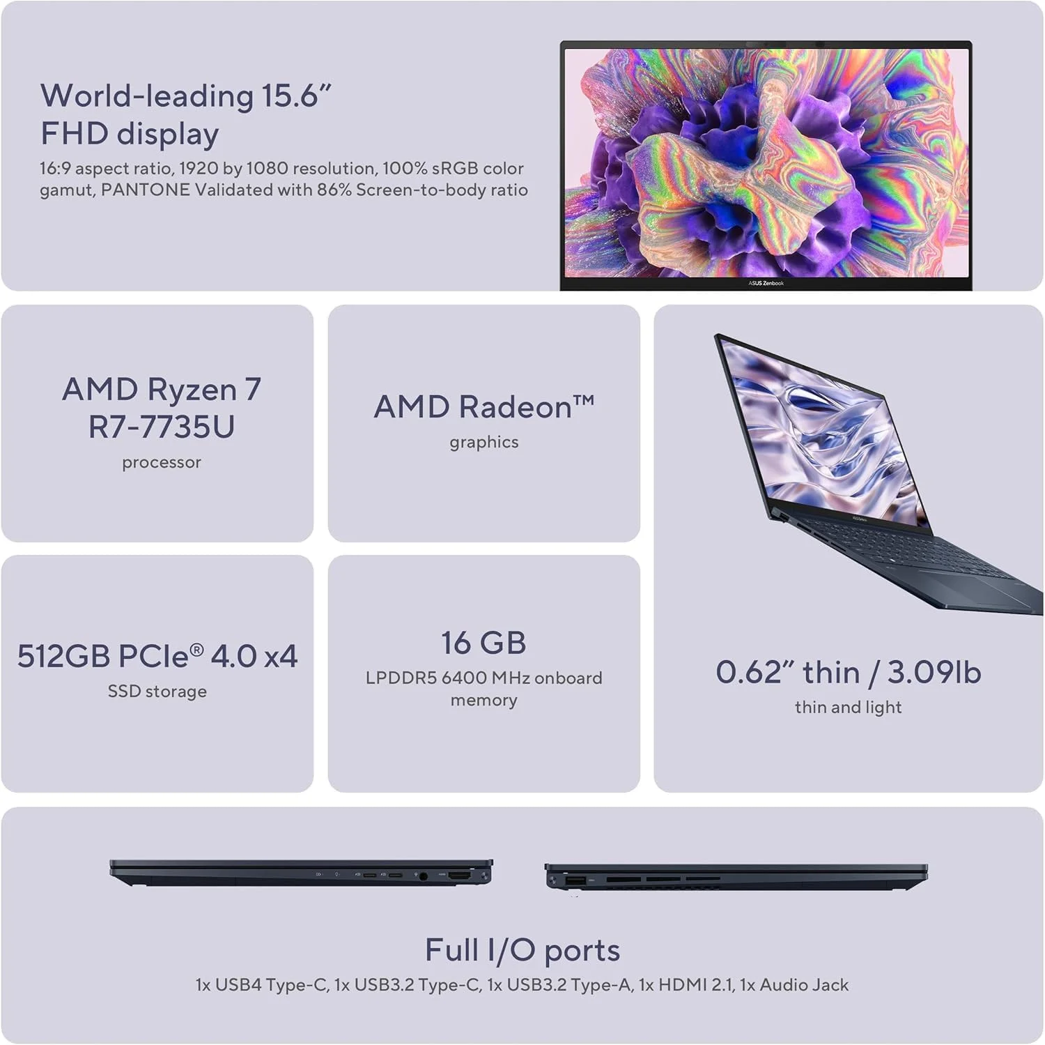 لپ تاپ باریک تجاری ایسوس Zenbook 15، صفحه نمایش 15.6 اینچی FHD 100% sRGB، AMD Ryzen 5 7535U، کیبورد با نور پس زمینه، Wi-Fi 6E، USB C، ویندوز 11 هوم، با پارچه (16 گیگابایت رم LPDDR5 | 1 ترابایت SSD)