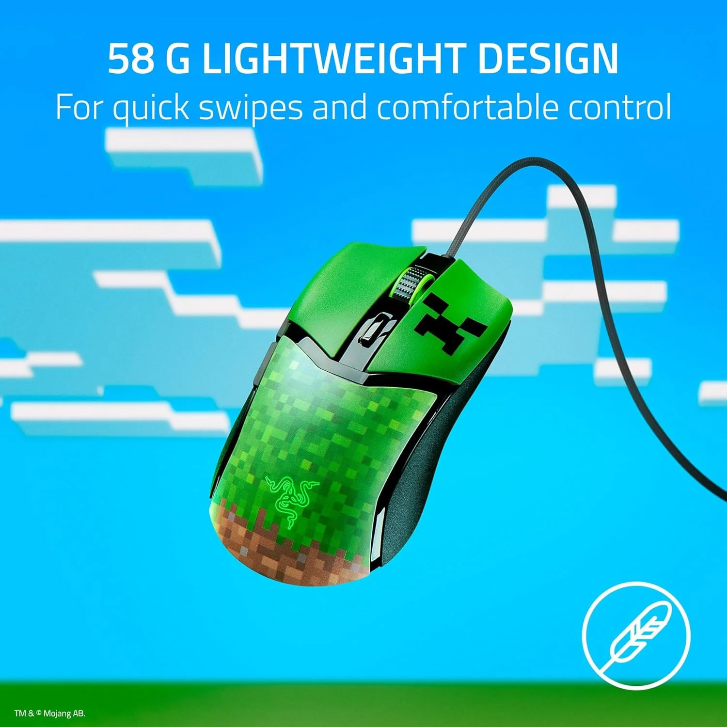 موس گیمینگ سیم دار Razer Cobra Minecraft Edition: سبک وزن 58 گرمی - سوییچ های اپتیکال نسل 3 - نورپردازی Chroma RGB زیرین - سنسور اپتیکال دقیق 8500 DPI - پایه های موس 100% PTFE - کابل Speedflex