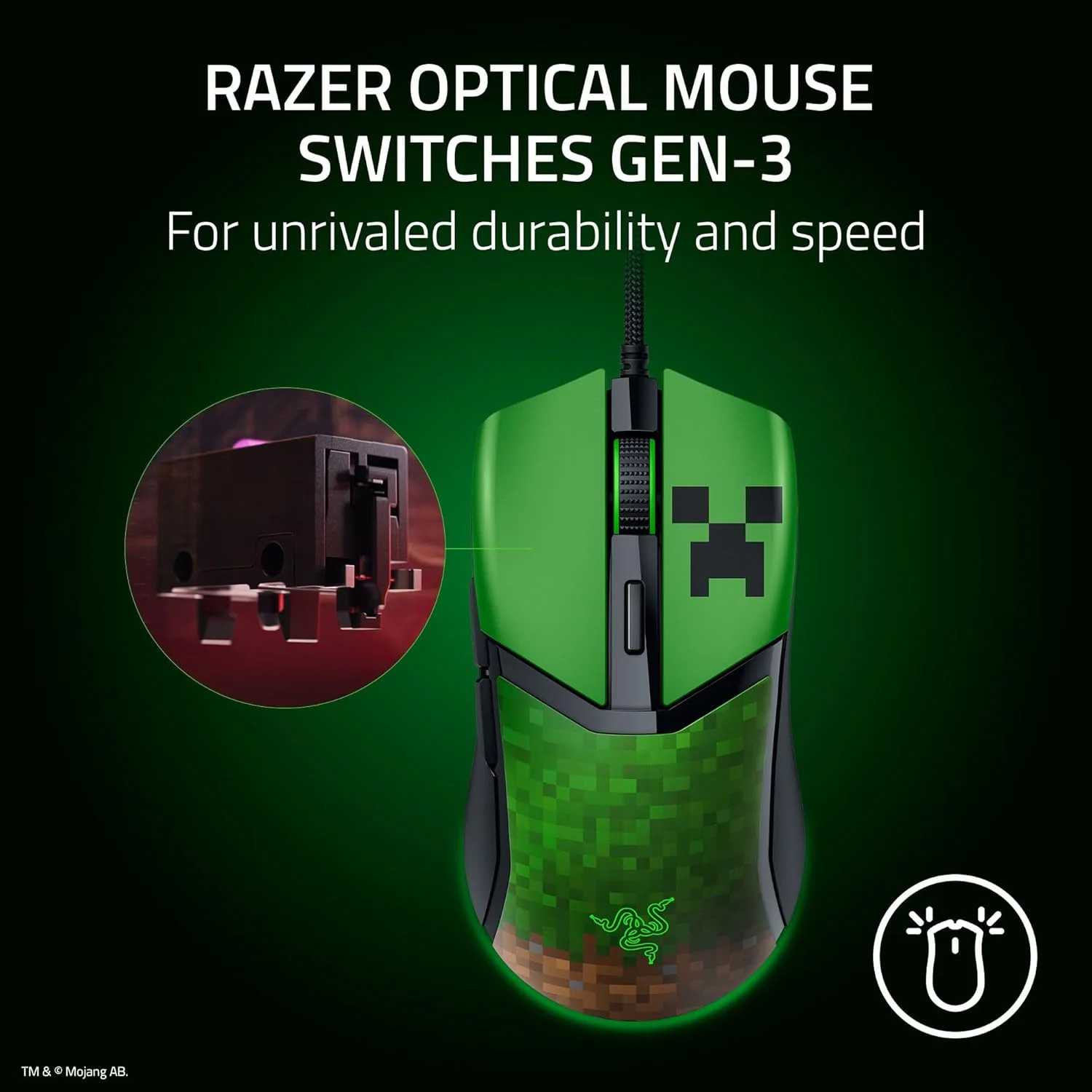 موس گیمینگ سیم دار Razer Cobra Minecraft Edition: سبک وزن 58 گرمی - سوییچ های اپتیکال نسل 3 - نورپردازی Chroma RGB زیرین - سنسور اپتیکال دقیق 8500 DPI - پایه های موس 100% PTFE - کابل Speedflex