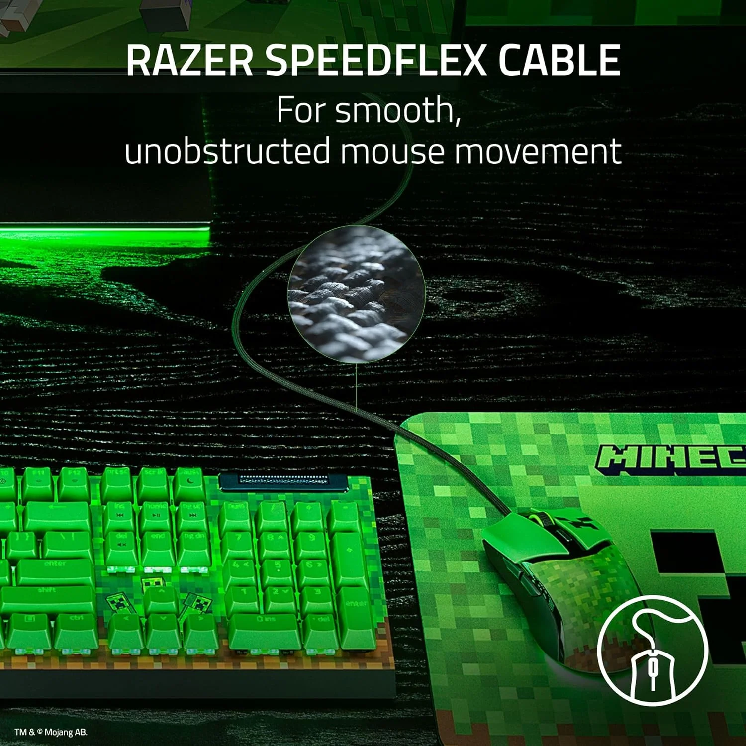 موس گیمینگ سیم دار Razer Cobra Minecraft Edition: سبک وزن 58 گرمی - سوییچ های اپتیکال نسل 3 - نورپردازی Chroma RGB زیرین - سنسور اپتیکال دقیق 8500 DPI - پایه های موس 100% PTFE - کابل Speedflex