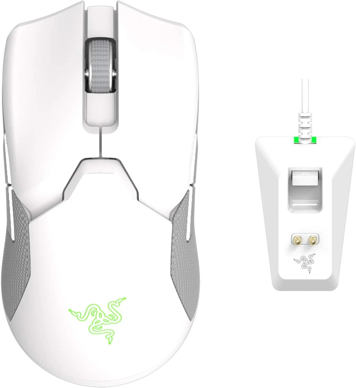 موس گیمینگ بی‌سیم و سبک Razer Viper Ultimate به همراه داک شارژ RGB: تکنولوژی بی‌سیم Hyperspeed - سنسور اپتیکال 20K DPI - وزن سبک 74 گرم - 70 ساعت عمر باتری - سفید جیوه ای