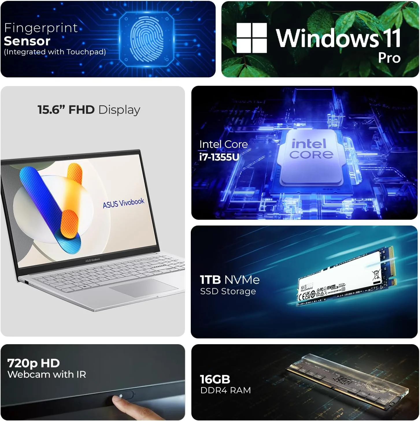 لپ تاپ تجاری ایسوس Vivobook 15 X1504VA، صفحه نمایش 15.6 اینچی FHD، پردازنده نسل سیزدهم Intel Core i7-1355U، رم 16 گیگابایتی، حافظه SSD 1 ترابایتی، ویندوز 11 پرو، نقره ای خنک - شامل هاب 7 در 1 First Wave، ماوس، ماوس پد و آنتی ویروس