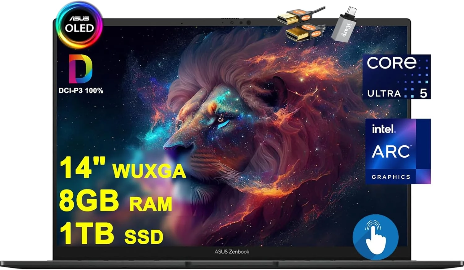 لپ تاپ تجاری ASUS Zenbook 14 OLED AI PC، صفحه نمایش لمسی 14 اینچی WUXGA OLED (550nits 100% DCI-P3 براق)، پردازنده 14 هسته ای Intel Ultra 5 125H، رم 8 گیگابایتی، حافظه SSD 1 ترابایتی، نور پس زمینه، Thunderbolt، Harman/kardon، ویندوز 11 به همراه لوازم جانبی ICP