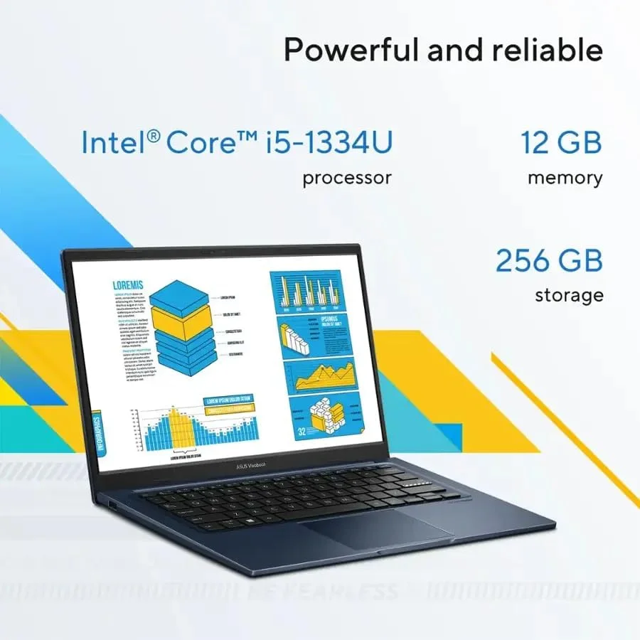 لپ تاپ ASUS Vivobook 14، صفحه نمایش 14 اینچی FHD (1920x1080) LED، پردازنده Intel i5-1334U، 10 هسته ای، 12 گیگابایت رم DDR4، 256 گیگابایت SSD PCIe، HDMI، آبی آرام، ویندوز 11 هوم، پد ماوس TWE لپ تاپ ASUS Vivobook 14، صفحه نمایش 14 اینچی FHD (1920x1080) LED، پردازنده Intel i5-1334U، 10 هسته ای، 12 گیگابایت رم DDR4، 256 گیگابایت SSD PCIe، HDMI، آبی آرام، ویندوز 11 هوم، پد ماوس TWE
