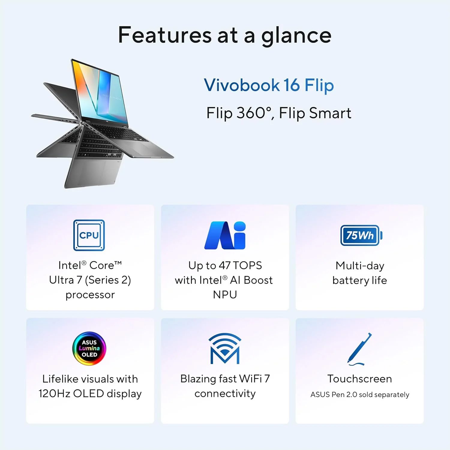 لپ تاپ ASUS Vivobook 16 Flip، Copilot+ PC، صفحه نمایش لمسی 16 اینچی OLED 3K 120Hz، پردازنده Intel® Core™ Ultra 7 256V، گرافیک Intel® Arc™، حافظه 16 گیگابایتی، SSD 512 گیگابایتی، خاکستری مات، TP3607SA-DS74T