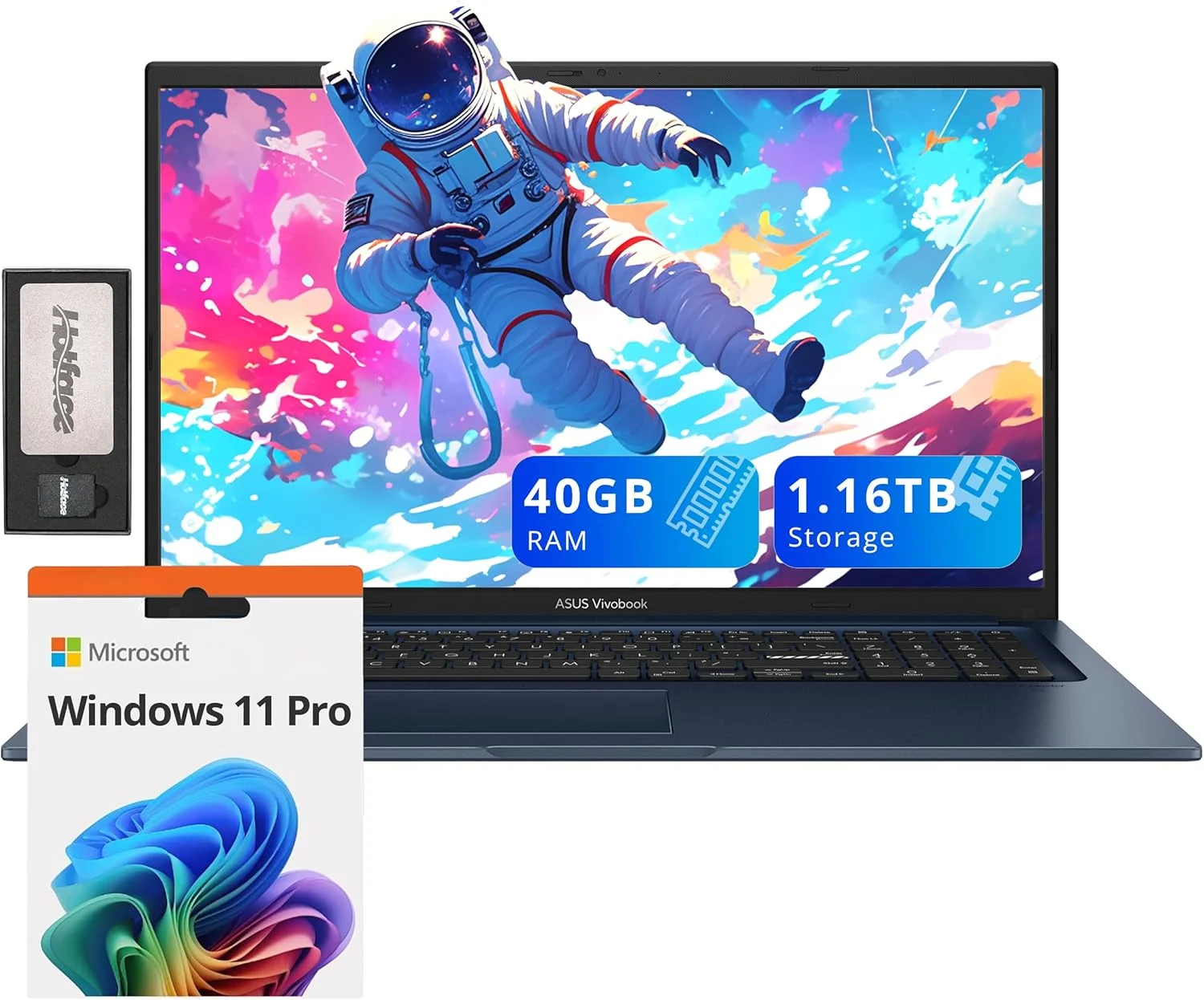 لپ تاپ 17.3 اینچی FHD ایسوس Vivobook، پردازنده Intel i3-1215U، رم 40 گیگابایتی، حافظه 1.16 ترابایتی (1 ترابایت SSD + 160 گیگابایت داک استیشن)، گرافیک Intel UHD، صفحه کلید عددی، دوربین 720p HD، Wi-Fi 6E، ویندوز 11 پرو، آبی آرام