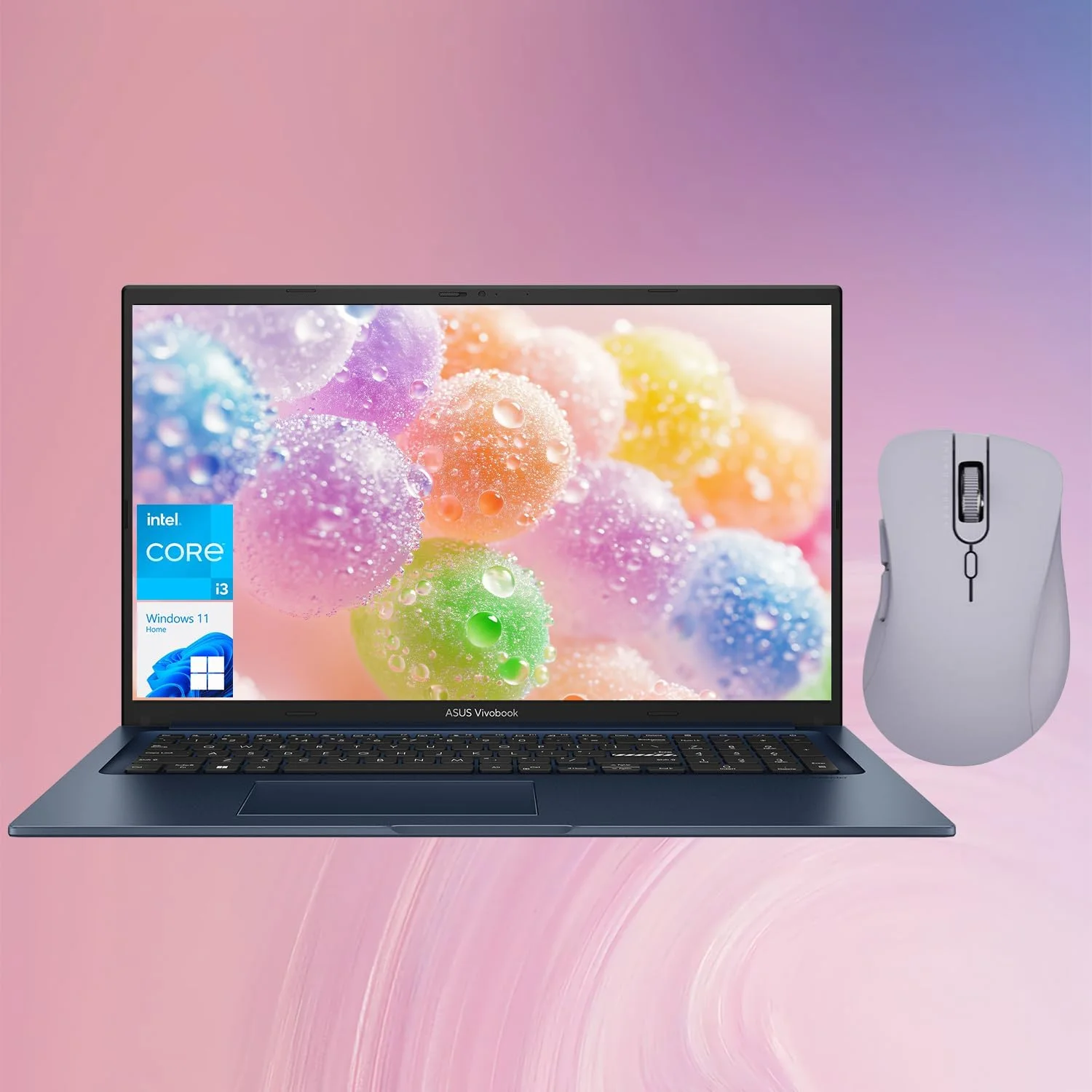 لپ تاپ روزانه ASUS Vivobook با صفحه نمایش 17.3 اینچی FHD، پردازنده Intel Core i3-1215U، گرافیک Intel UHD، رم 36 گیگابایتی، SSD 2 ترابایتی، HDMI، وب کم، Wi-Fi، ویندوز 11 هوم، آبی، همراه با ماوس بی سیم Thunderobot ML101 بنفش