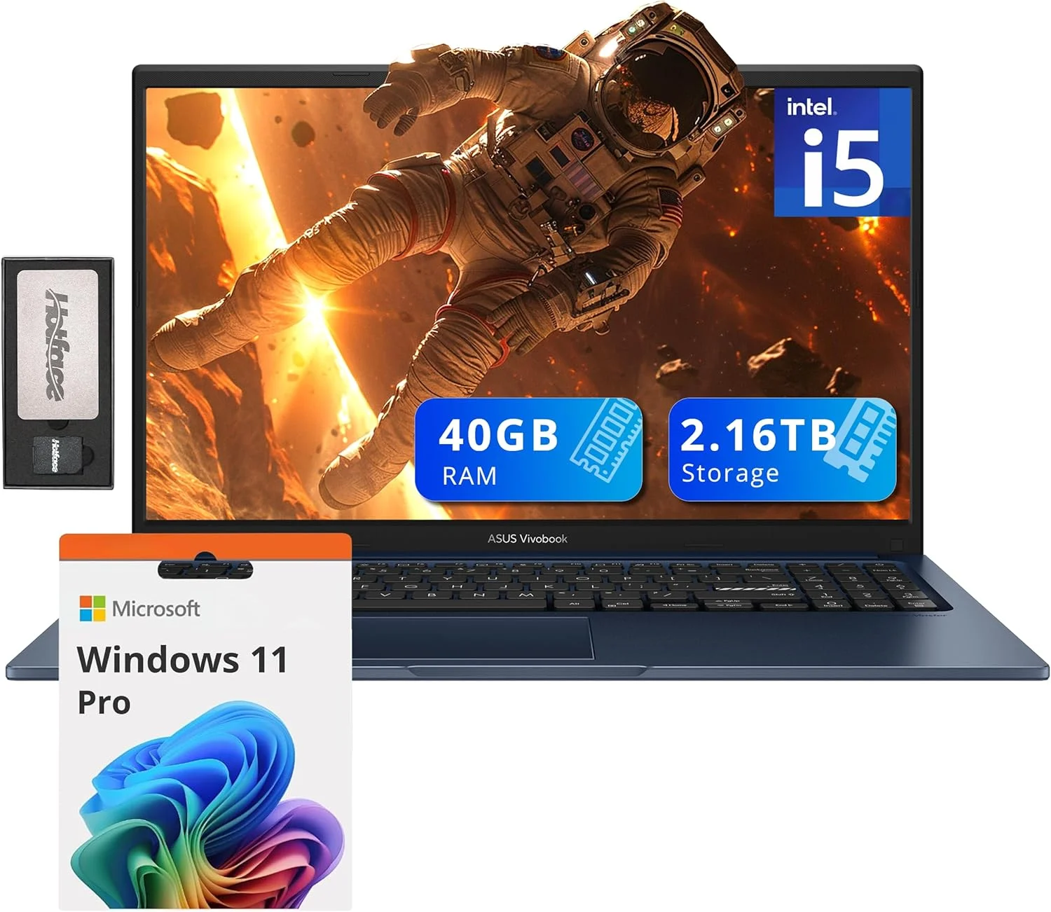 لپ تاپ 15.6 اینچی ASUS Vivobook FHD، پردازنده Intel i5-1235U، رم 40 گیگابایتی DDR4، حافظه 2.16 ترابایتی (2 ترابایت SSD + مجموعه داک استیشن 160 گیگابایتی)، گرافیک Intel Iris Xe، صفحه کلید عددی، WiFi 5، ویندوز 11 پرو، آبی آرام
