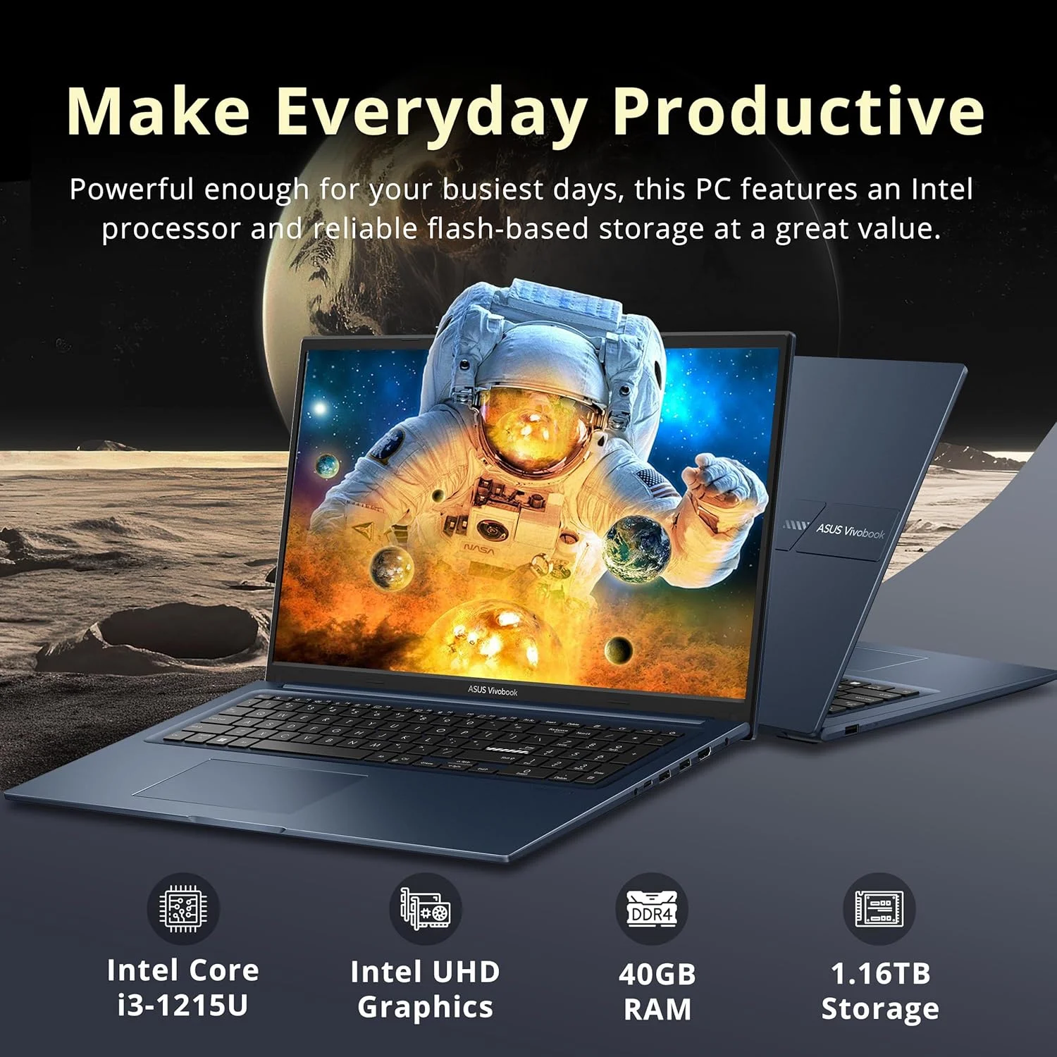 لپ تاپ 17.3 اینچی FHD ایسوس Vivobook، پردازنده Intel i3-1215U، رم 40 گیگابایتی، حافظه 1.16 ترابایتی (1 ترابایت SSD + 160 گیگابایت داک استیشن)، گرافیک Intel UHD، صفحه کلید عددی، دوربین 720p HD، Wi-Fi 6E، ویندوز 11 پرو، آبی آرام لپ تاپ 17.3 اینچی FHD ایسوس Vivobook، پردازنده Intel i3-1215U، رم 40 گیگابایتی، حافظه 1.16 ترابایتی (1 ترابایت SSD + 160 گیگابایت داک استیشن)، گرافیک Intel UHD، صفحه کلید عددی، دوربین 720p HD، Wi-Fi 6E، ویندوز 11 پرو، آبی آرام