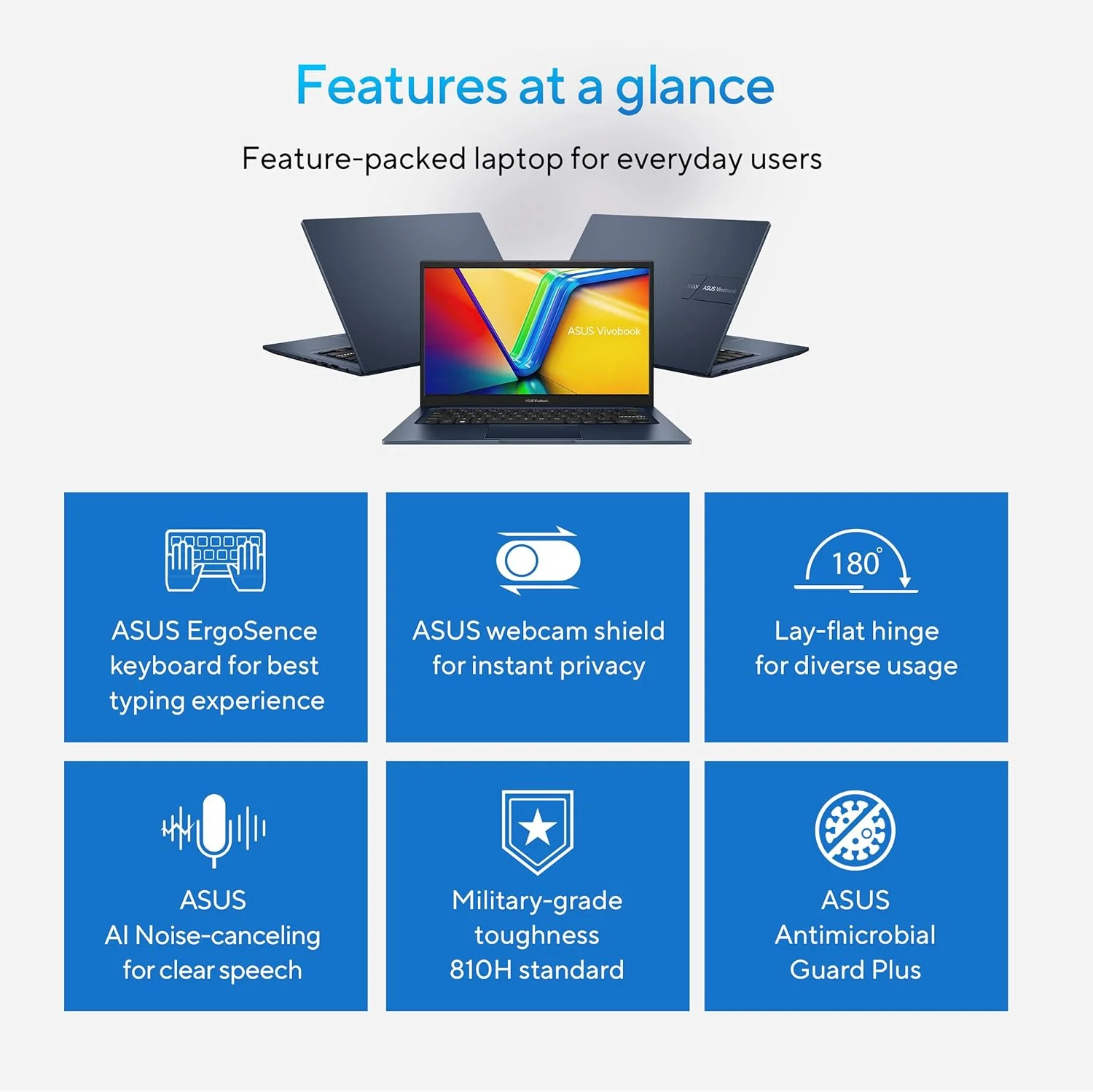 لپ تاپ ASUS Vivobook 14 مدل 2023، صفحه نمایش 14 اینچی FHD (1920 x 1080)، پردازنده Intel Core i5-1235U، گرافیک Intel Iris Xᵉ، رم 8 گیگابایتی، SSD 256 گیگابایتی، ویندوز 11 هوم، آبی آرام، F1404ZA-AS51