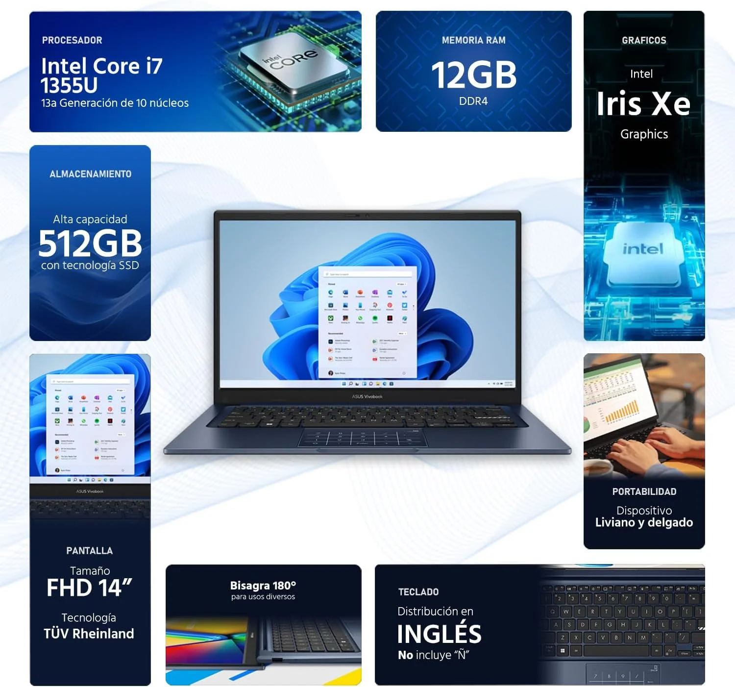 لپ تاپ 14 اینچی ASUS Vivobook 14 FHD، پردازنده Intel Core i7-1355U، 1.7 گیگاهرتز، 12 گیگابایت رم، 512 گیگابایت SSD، ویندوز 11 Home، گرافیک Intel UHD، Wi-Fi 5، بلوتوث، آبی آرام، X1404VA-I712512 لپ تاپ 14 اینچی ASUS Vivobook 14 FHD، پردازنده Intel Core i7-1355U، 1.7 گیگاهرتز، 12 گیگابایت رم، 512 گیگابایت SSD، ویندوز 11 Home، گرافیک Intel UHD، Wi-Fi 5، بلوتوث، آبی آرام، X1404VA-I712512