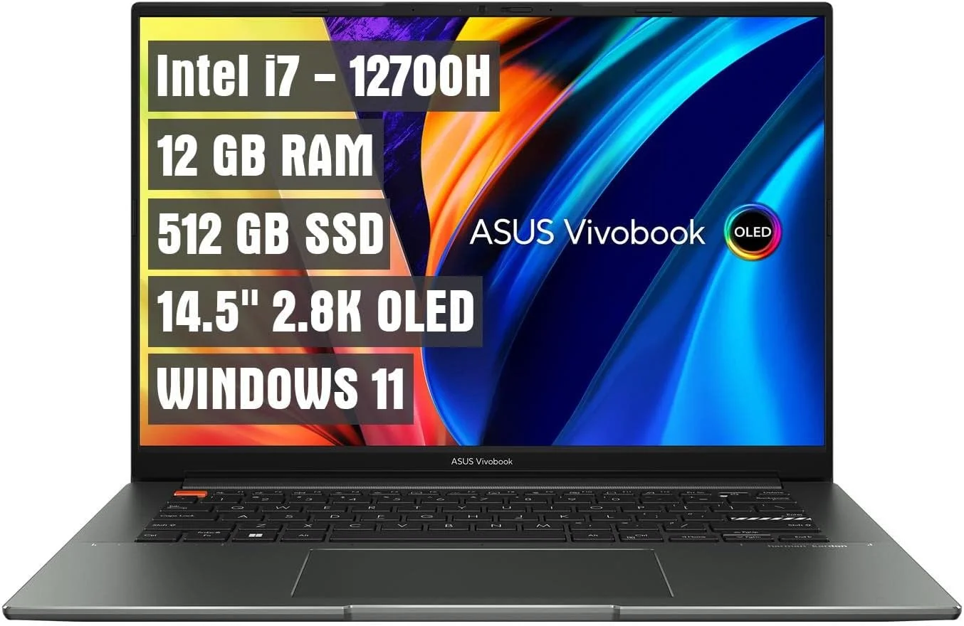 لپ تاپ 14.5 اینچی OLED ایسوس VivoBook پلتفرم Intel Evo - نسل دوازدهم Core i7-12700H، صفحه نمایش 2880 x 1800 با نرخ 120 هرتز - 12 گیگابایت رم DDR4، 512 گیگابایت PCIe® NVMe™ M.2 4.0 SSD، ویندوز 11 مشکی نیمه شب